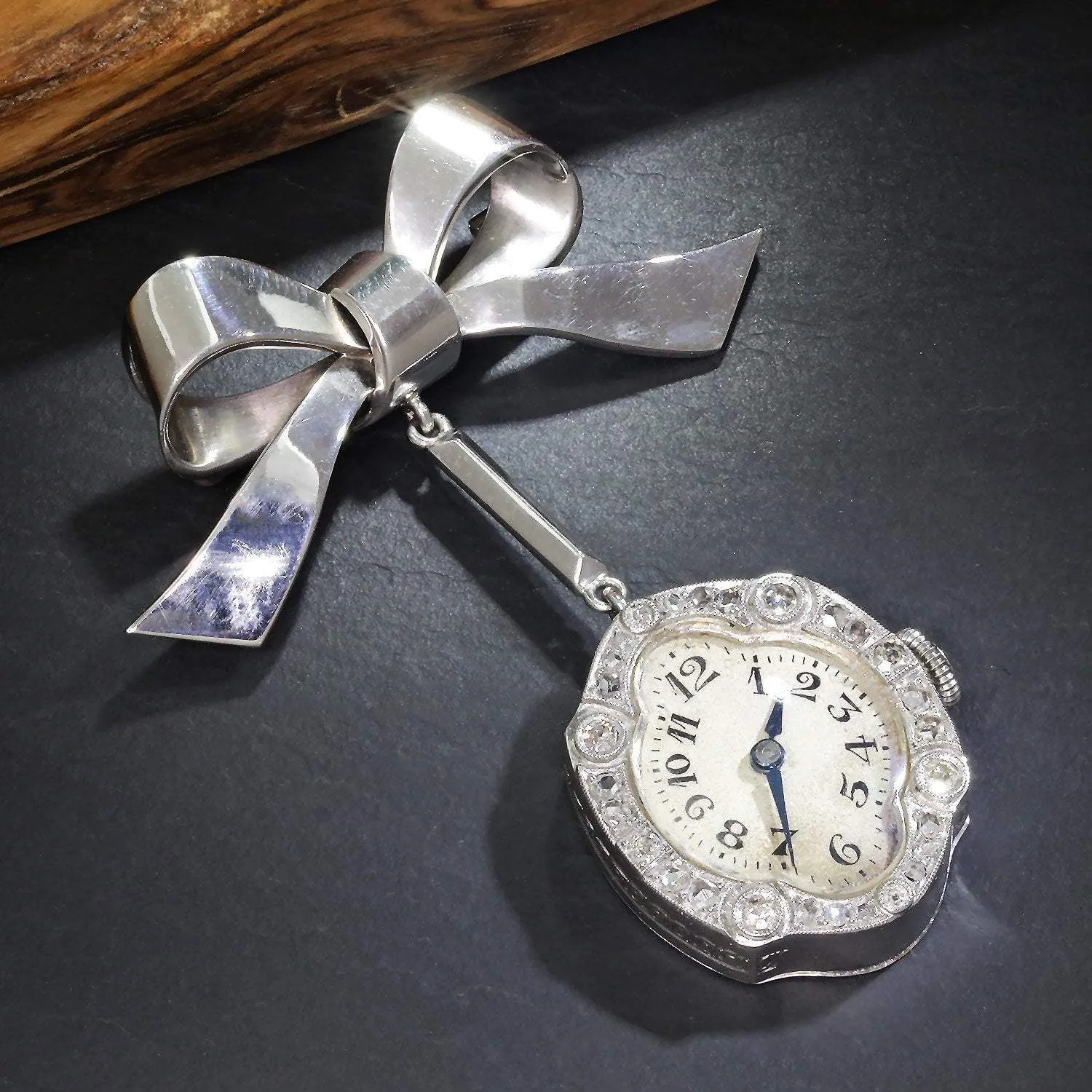 Antique Hanging Diamond Clock Brooch Bow Pin 18K White Gold