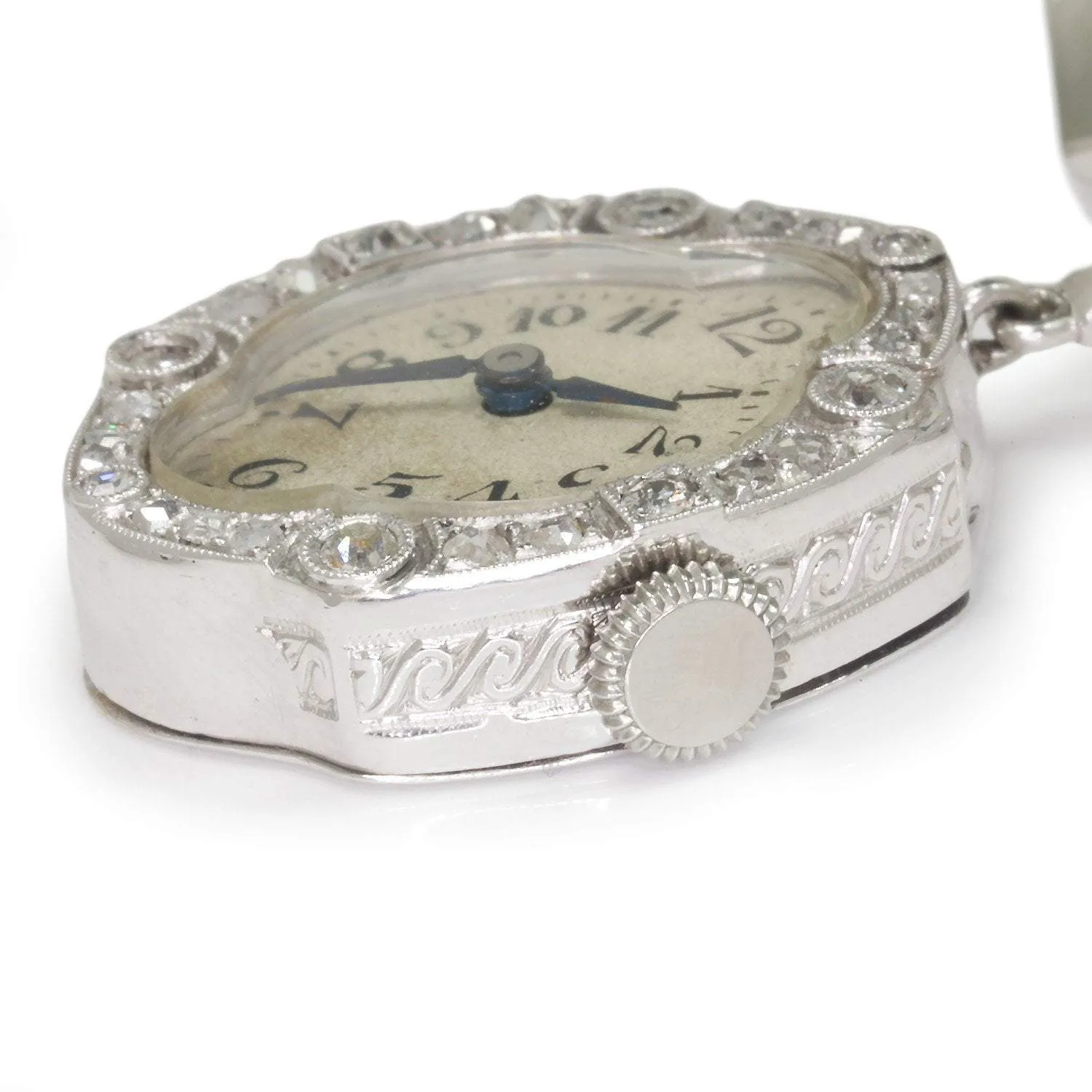Antique Hanging Diamond Clock Brooch Bow Pin 18K White Gold