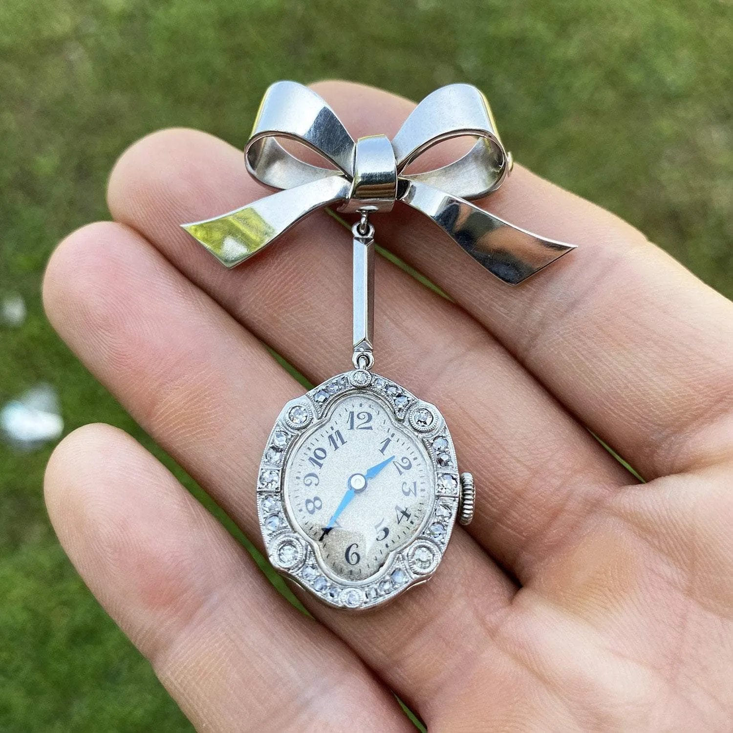 Antique Hanging Diamond Clock Brooch Bow Pin 18K White Gold