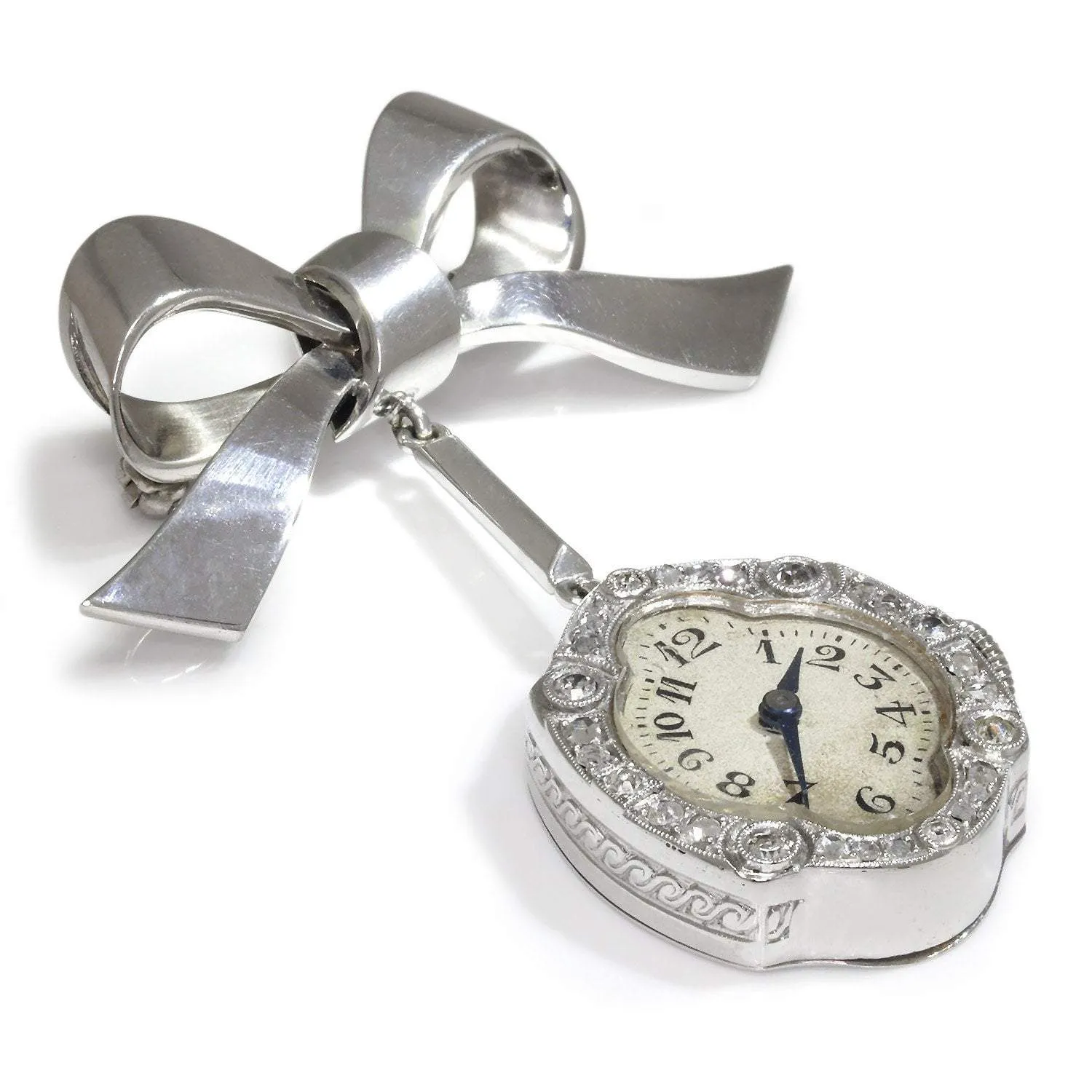 Antique Hanging Diamond Clock Brooch Bow Pin 18K White Gold
