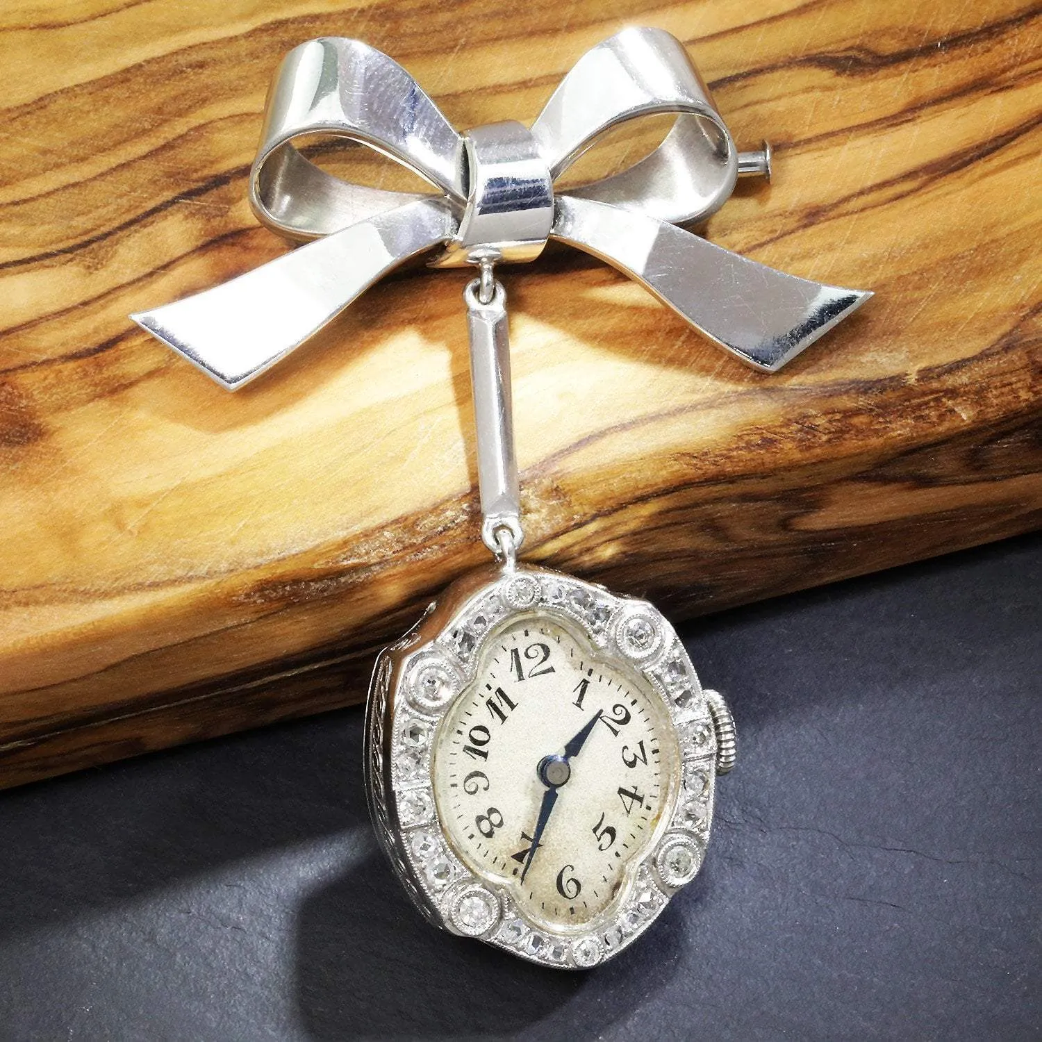 Antique Hanging Diamond Clock Brooch Bow Pin 18K White Gold