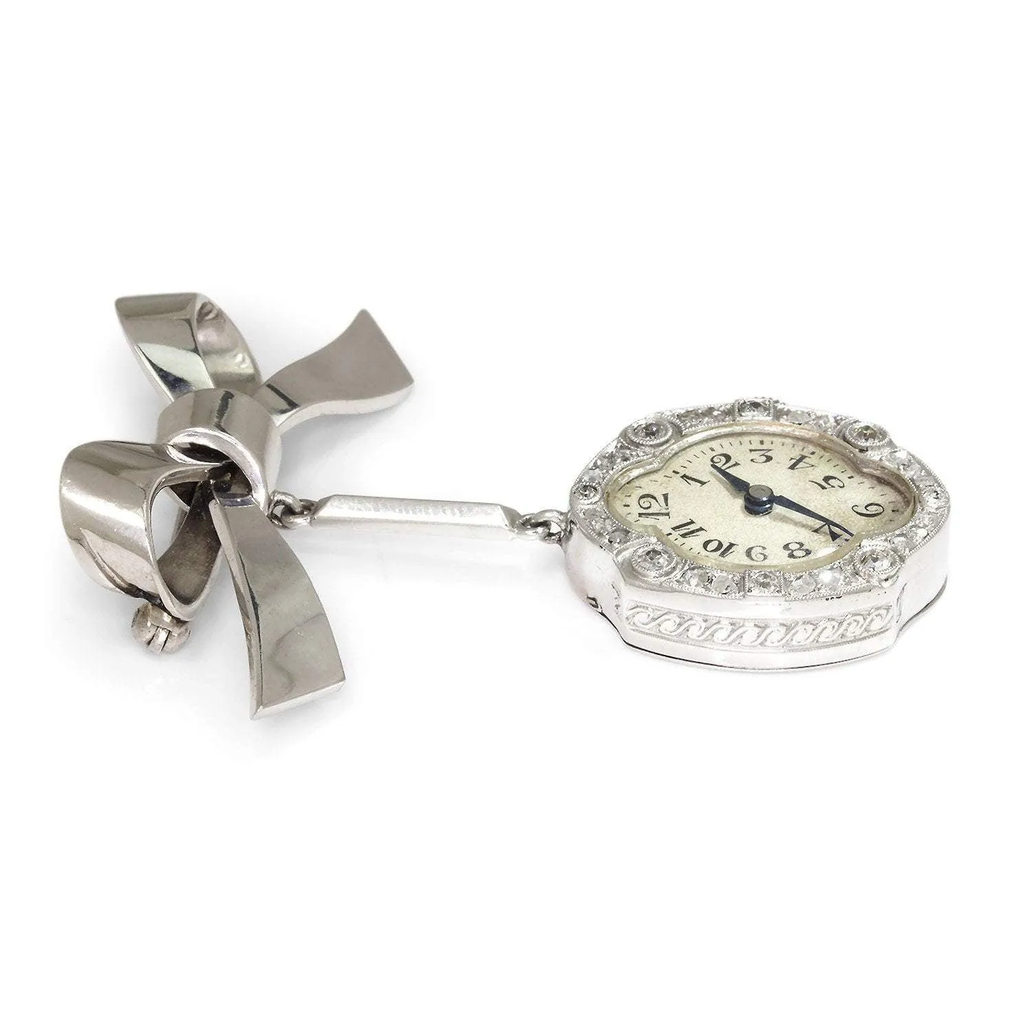 Antique Hanging Diamond Clock Brooch Bow Pin 18K White Gold