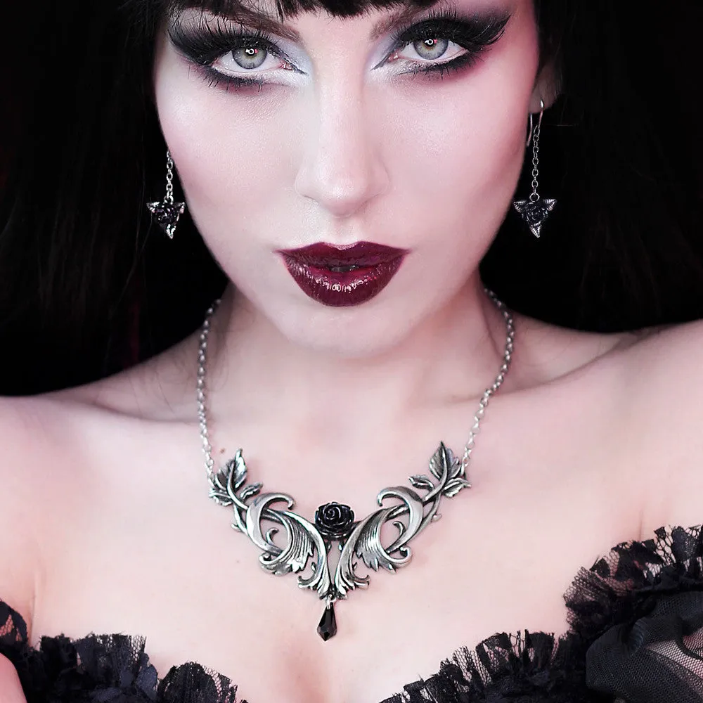 Baroque Black Rose Crystal Pendant Necklace by Alchemy Gothic