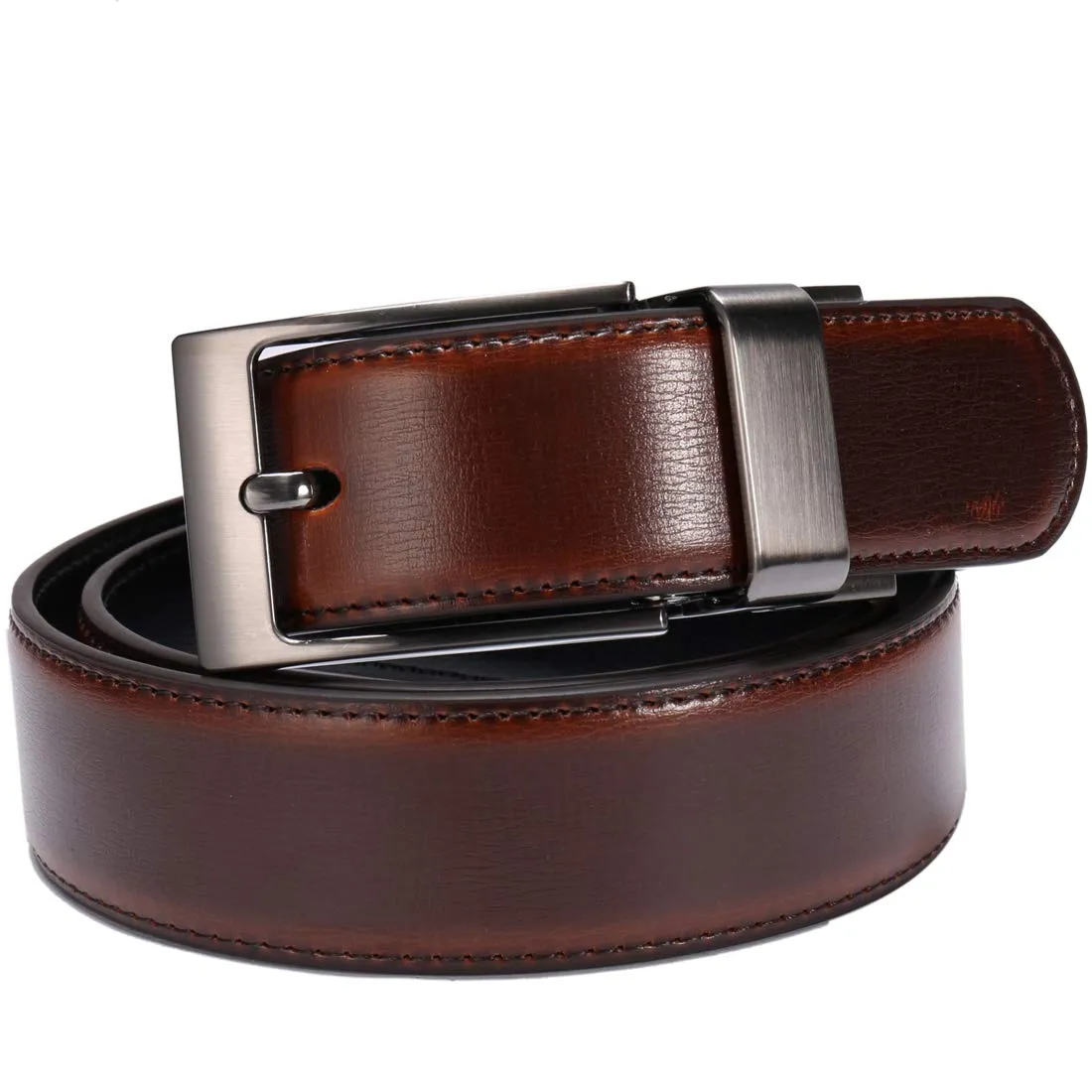 beltox fine Men's Dress Belt Leather Reversible 1.25" Wide Rotated Buckle Gift Box（Black Buckle with Cognac/Black Belt,54-56）