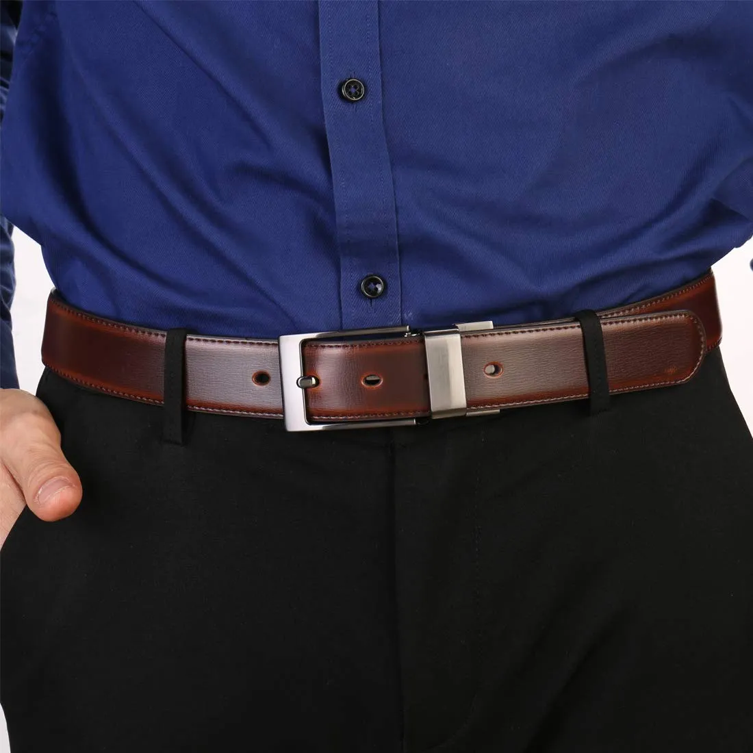 beltox fine Men's Dress Belt Leather Reversible 1.25" Wide Rotated Buckle Gift Box（Black Buckle with Cognac/Black Belt,54-56）
