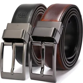 beltox fine Men's Dress Belt Leather Reversible 1.25" Wide Rotated Buckle Gift Box（Black Buckle with Cognac/Black Belt,54-56）