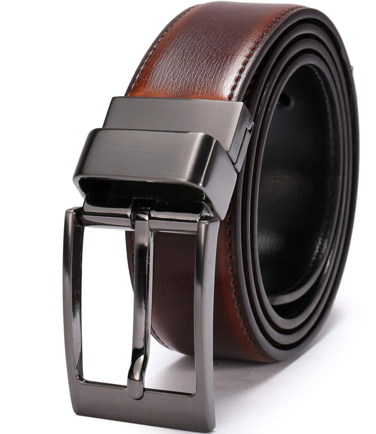 beltox fine Men's Dress Belt Leather Reversible 1.25" Wide Rotated Buckle Gift Box（Black Buckle with Cognac/Black Belt,54-56）