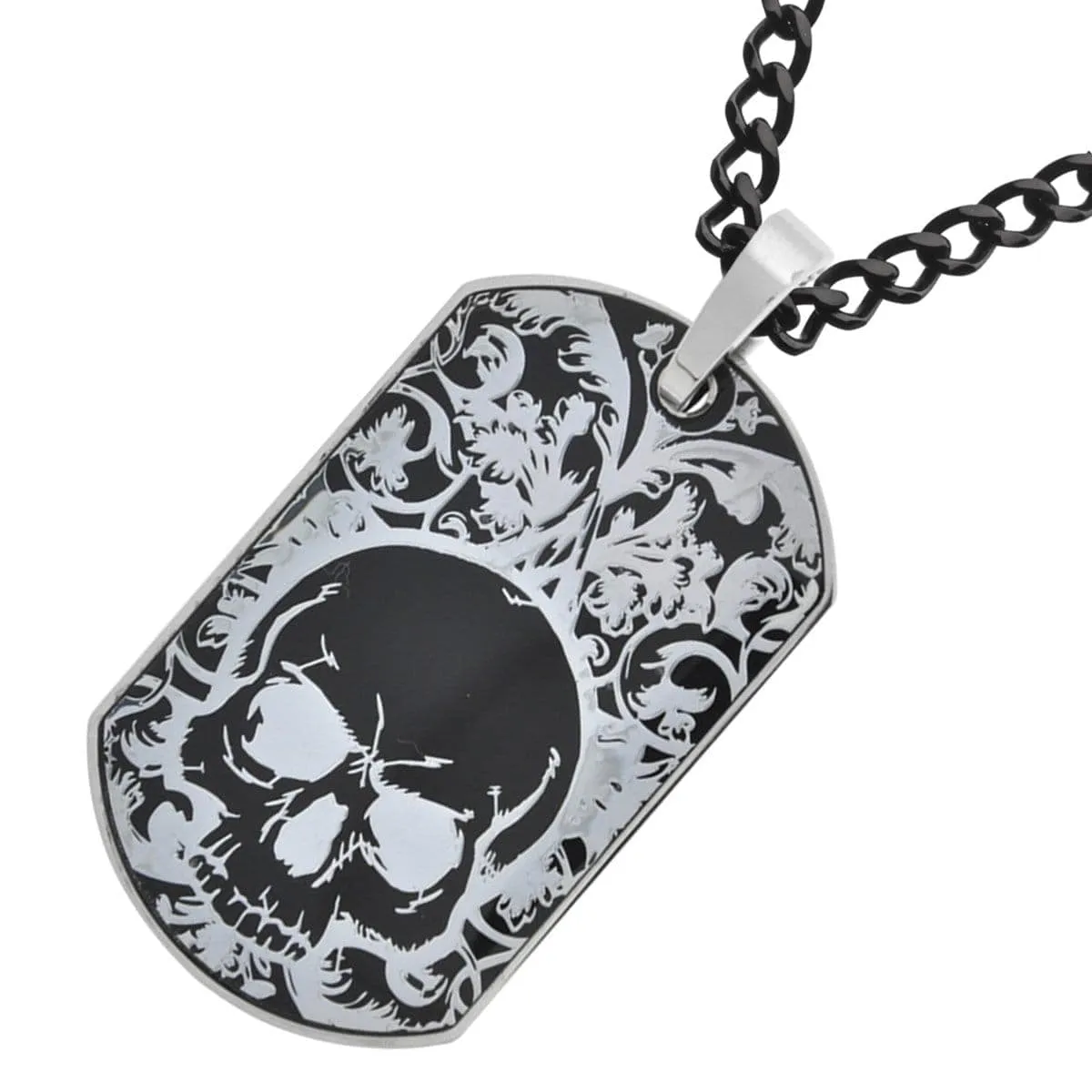 Black and Silver Tone Stainless Steel Skull Tag Pendant