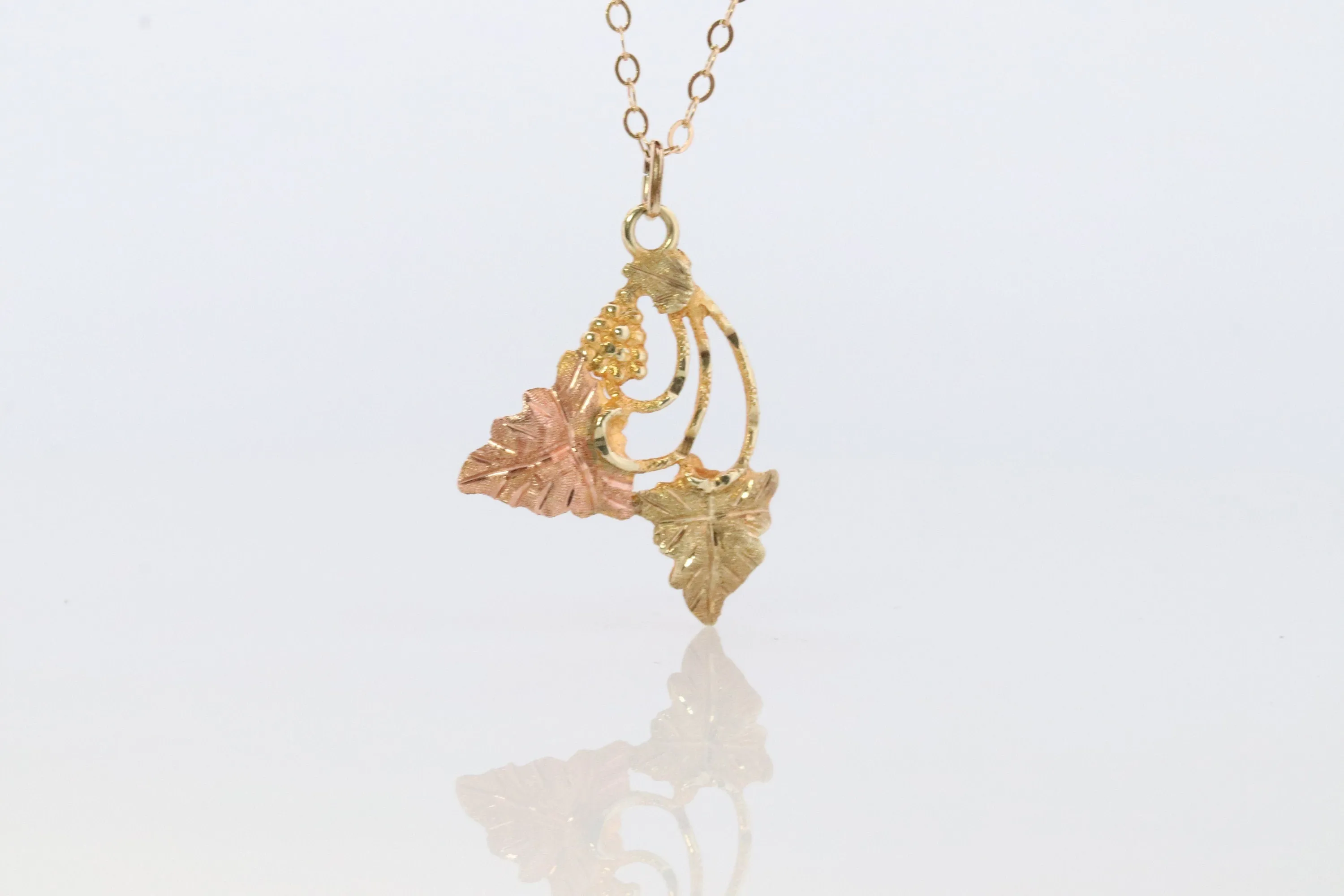Black Hills Gold Pendant Necklace. 10k 12k Black Hills Gold Grape Leaves Pendant.