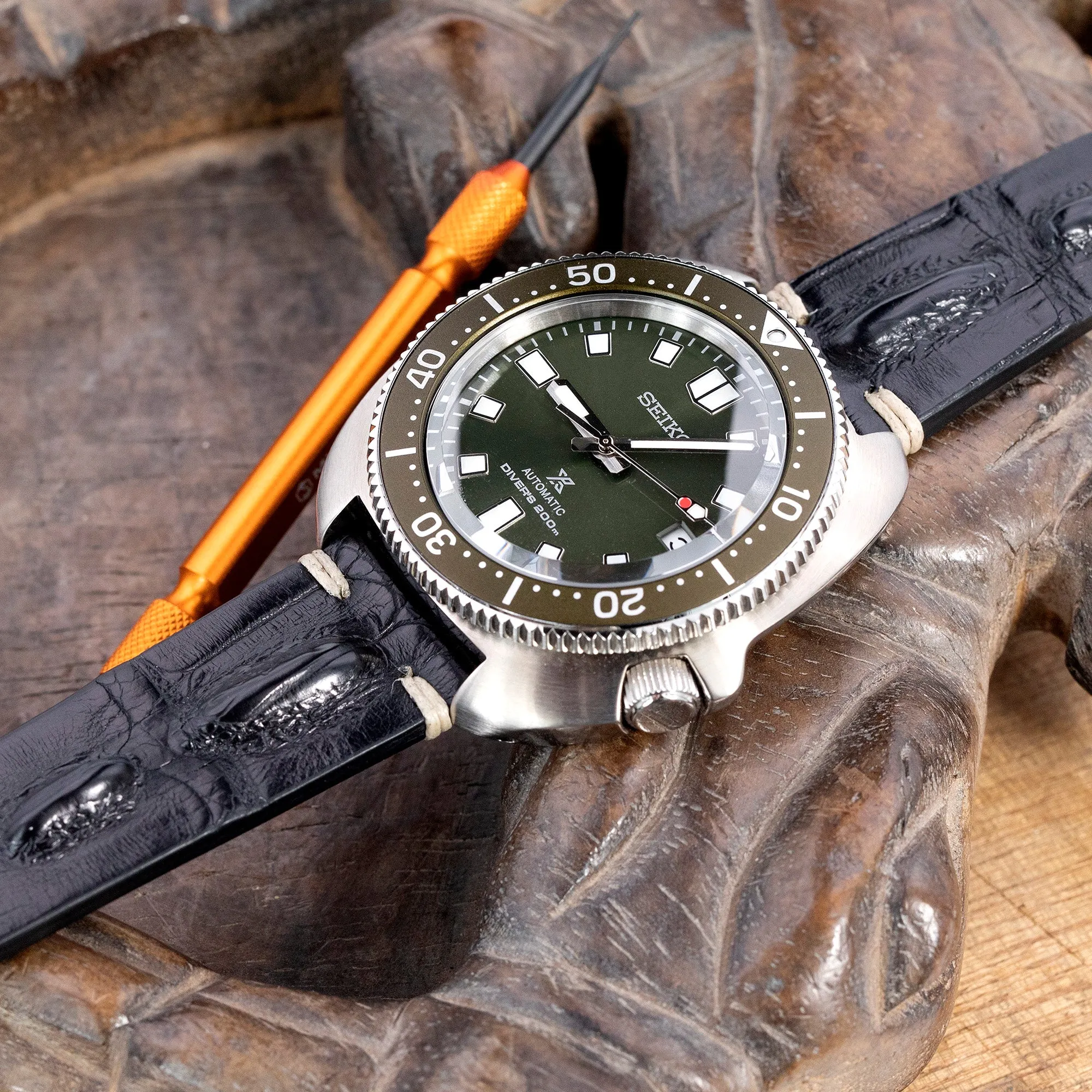 Black Italian Handmade Hornback Alligator Watch Band, Beige Stitching, P Buckle, 20mm or 22mm