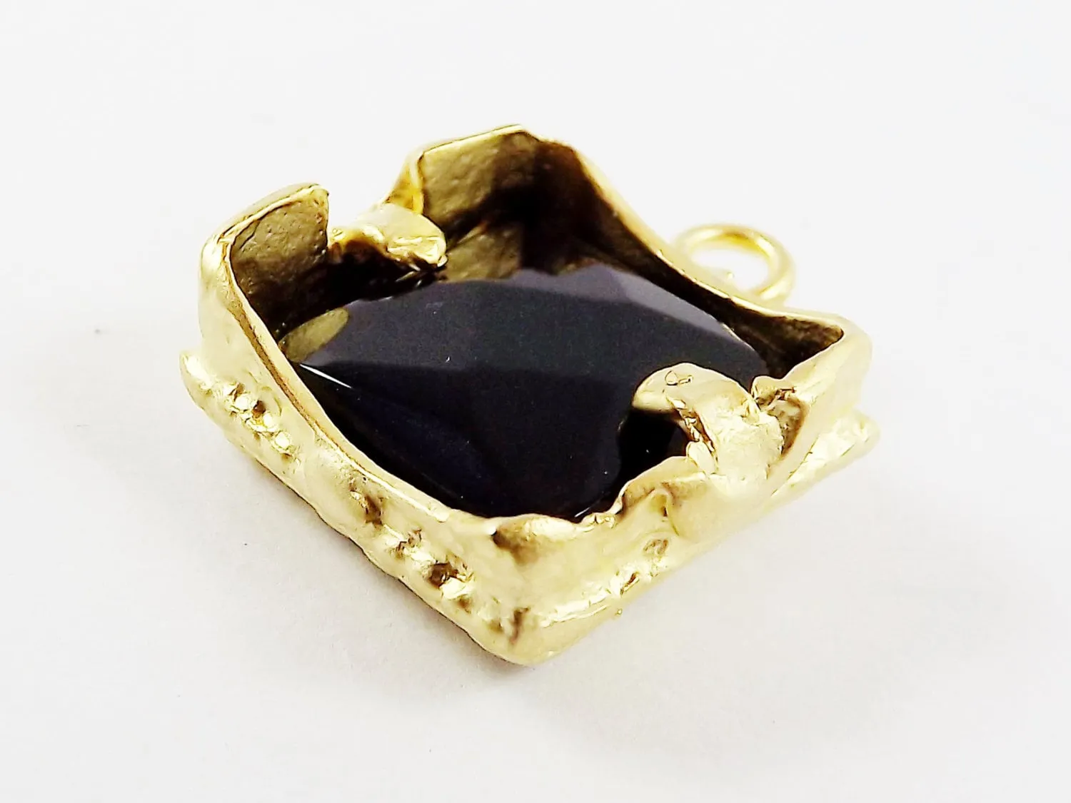 Black Onyx Square Pendant  - Rustic Swirl Bezel - 22k Matte Gold plated Bezel - 1pc