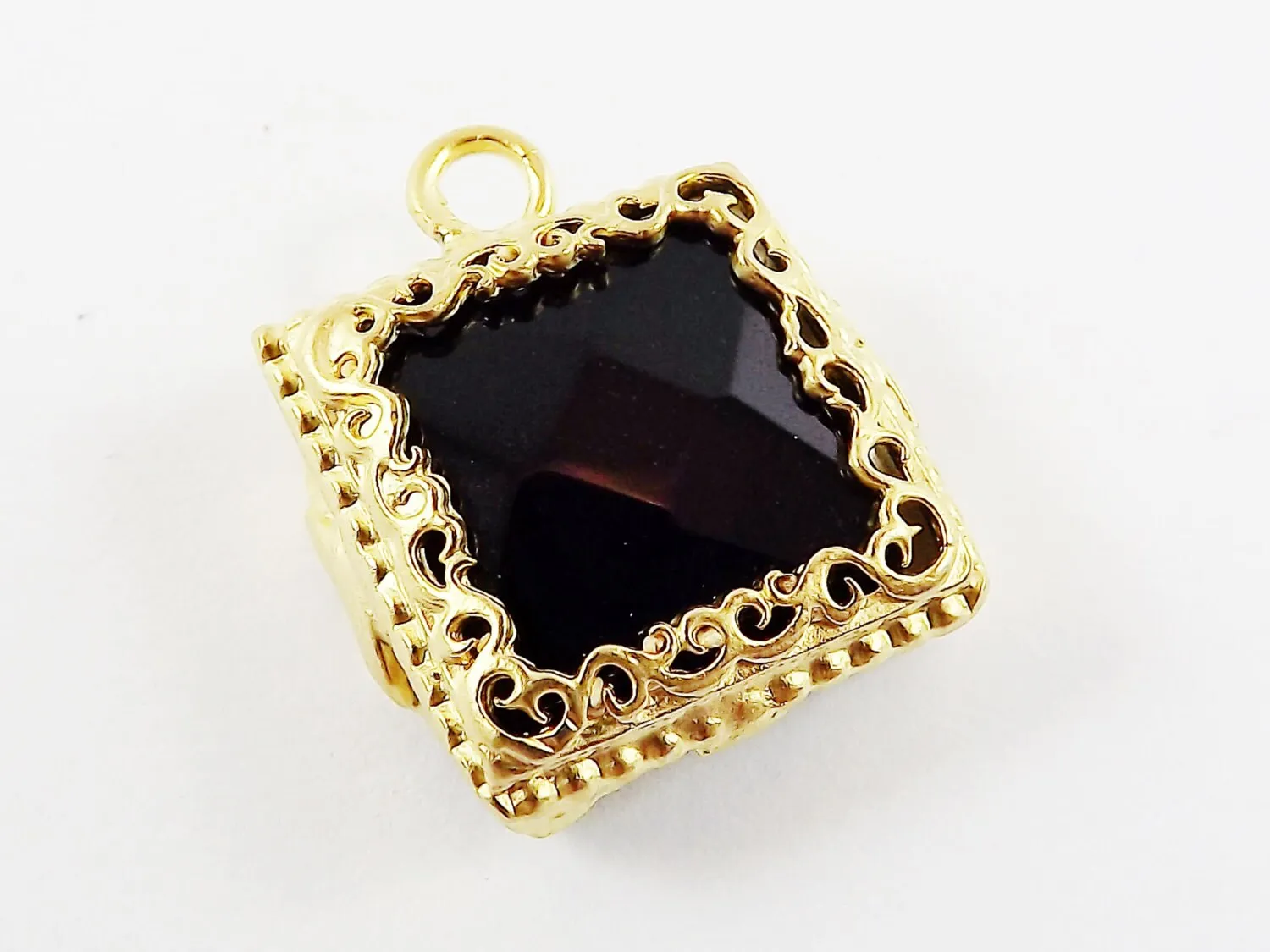 Black Onyx Square Pendant  - Rustic Swirl Bezel - 22k Matte Gold plated Bezel - 1pc
