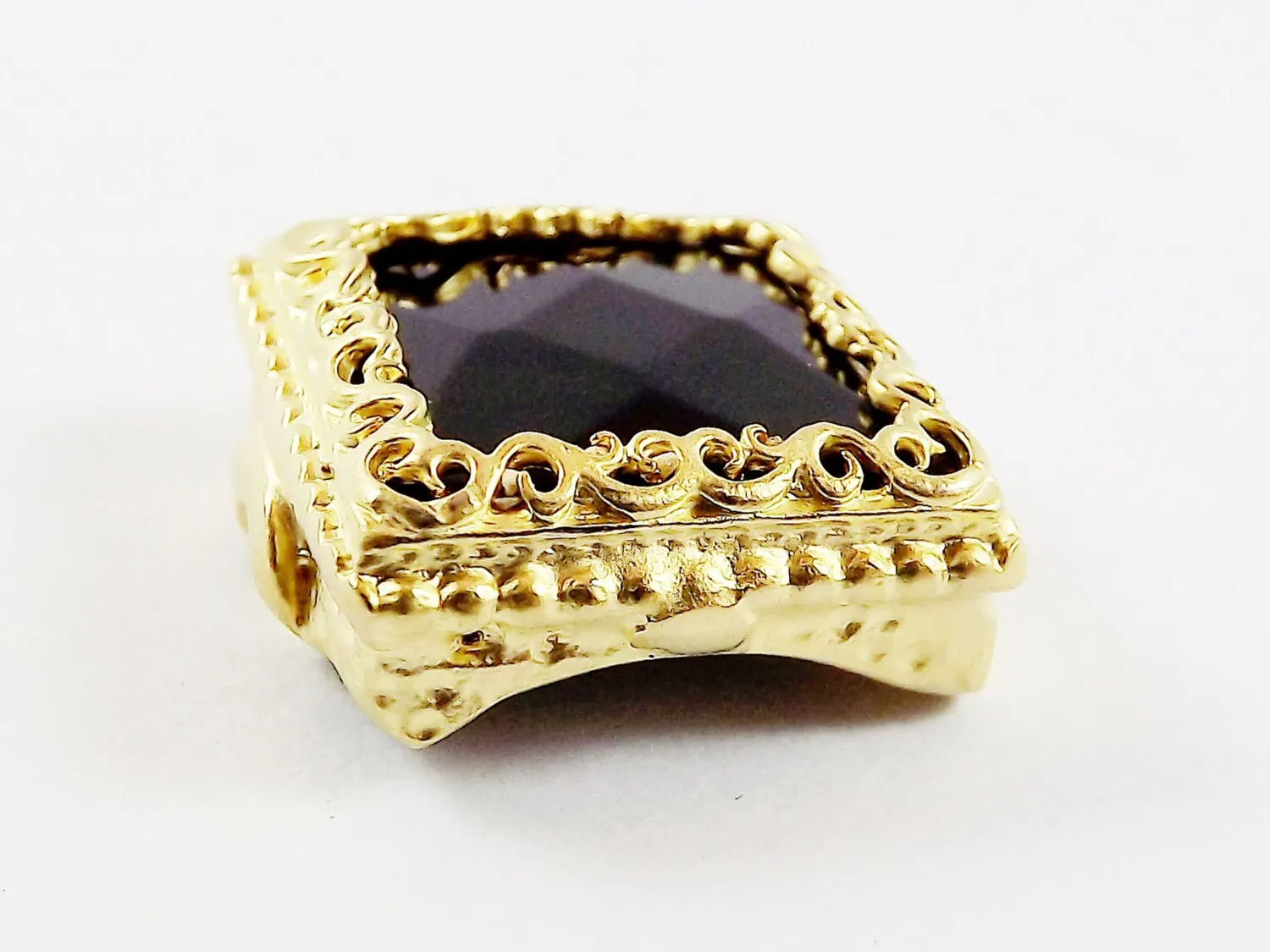 Black Onyx Square Pendant  - Rustic Swirl Bezel - 22k Matte Gold plated Bezel - 1pc