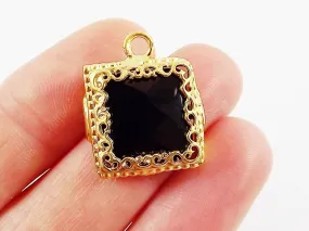 Black Onyx Square Pendant  - Rustic Swirl Bezel - 22k Matte Gold plated Bezel - 1pc