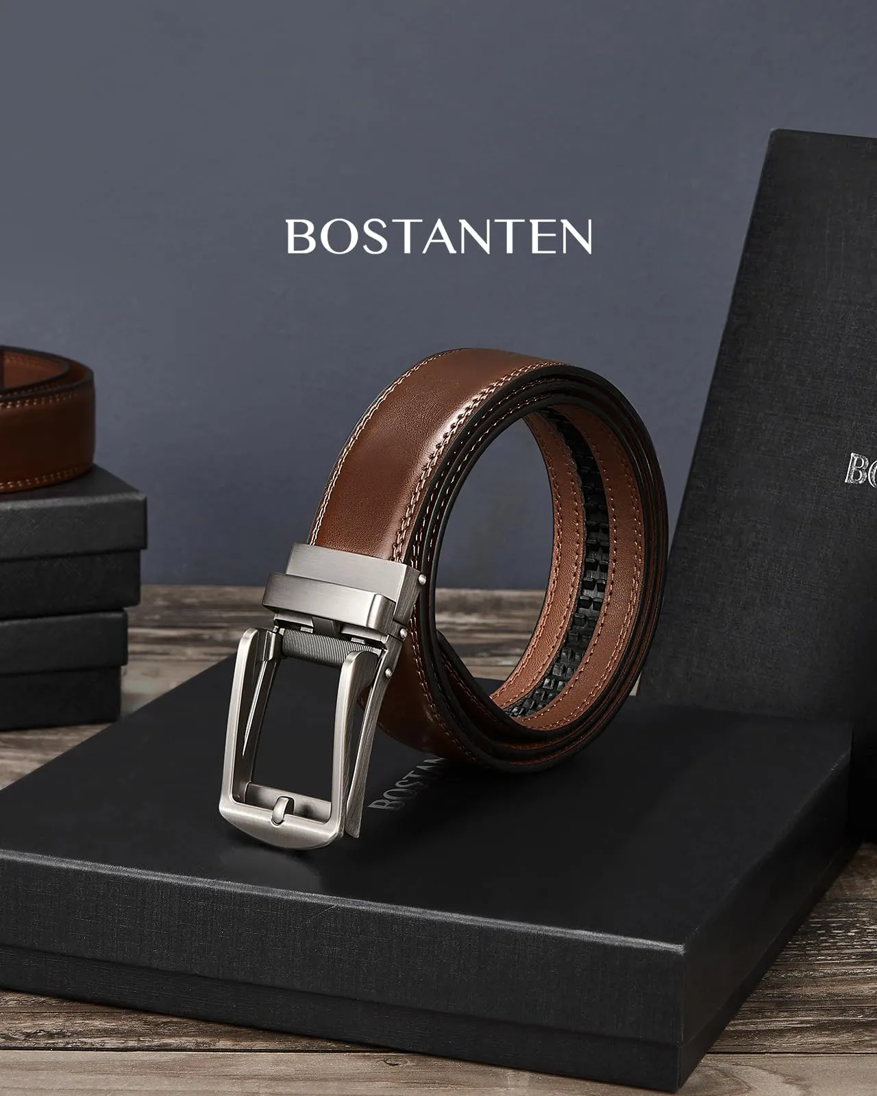 BOSTANTEN Mens Belt Leather Ratchet 1 3/8'' Belt For Men Gift Dress and Casual with Adjustable Buckle, Trim to Fit