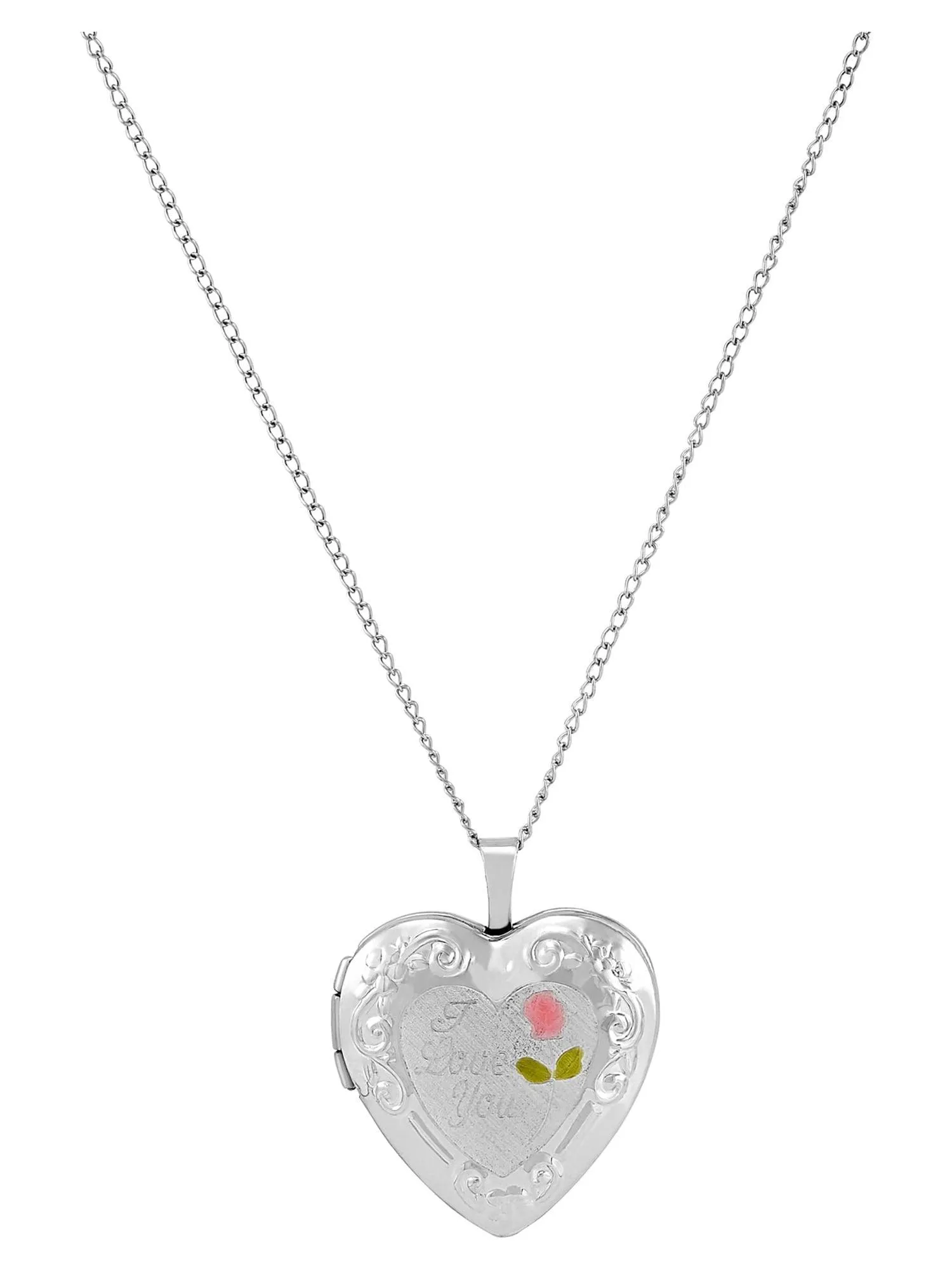 Brilliance Fine Jewelry Sterling Silver "I Love You" and Painted Rose Heart Locket Necklace, 18"
