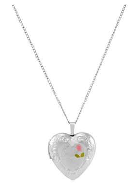 Brilliance Fine Jewelry Sterling Silver "I Love You" and Painted Rose Heart Locket Necklace, 18"