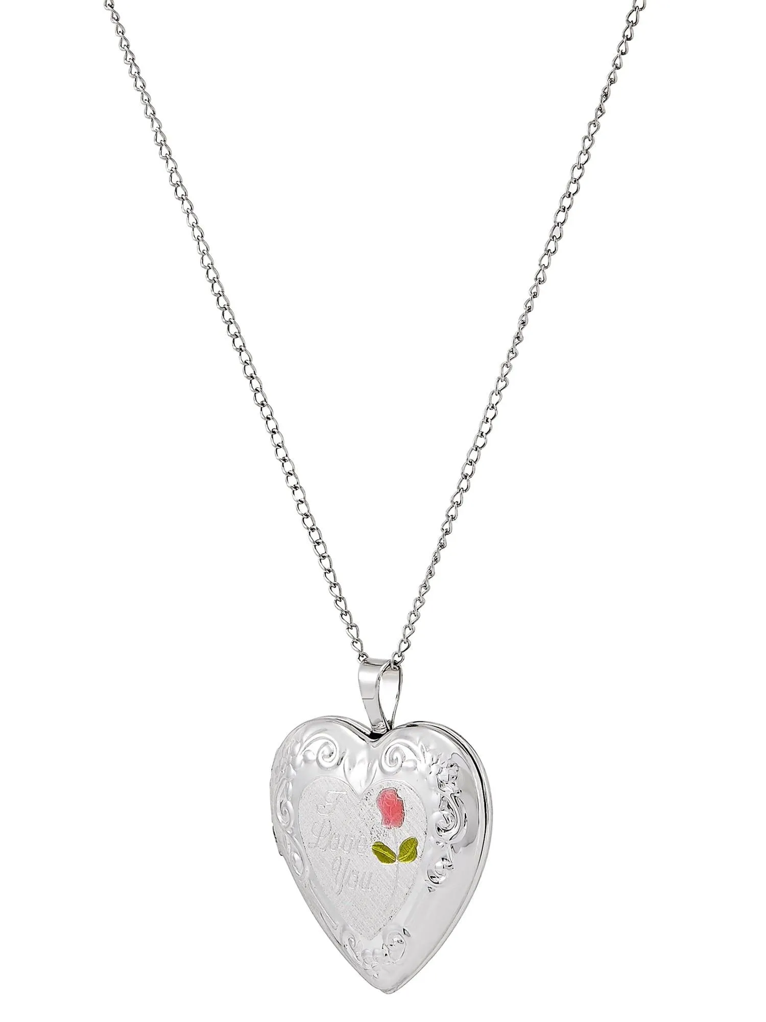Brilliance Fine Jewelry Sterling Silver "I Love You" and Painted Rose Heart Locket Necklace, 18"