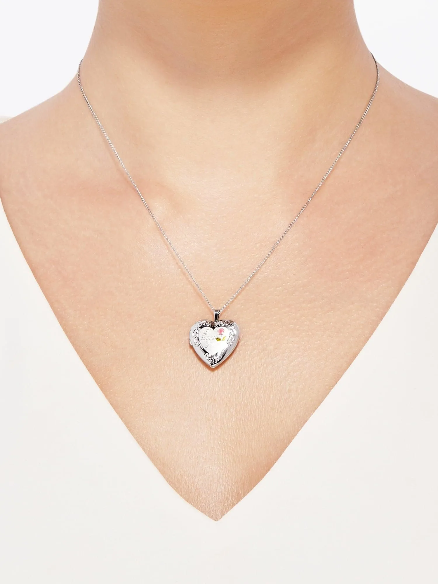 Brilliance Fine Jewelry Sterling Silver "I Love You" and Painted Rose Heart Locket Necklace, 18"