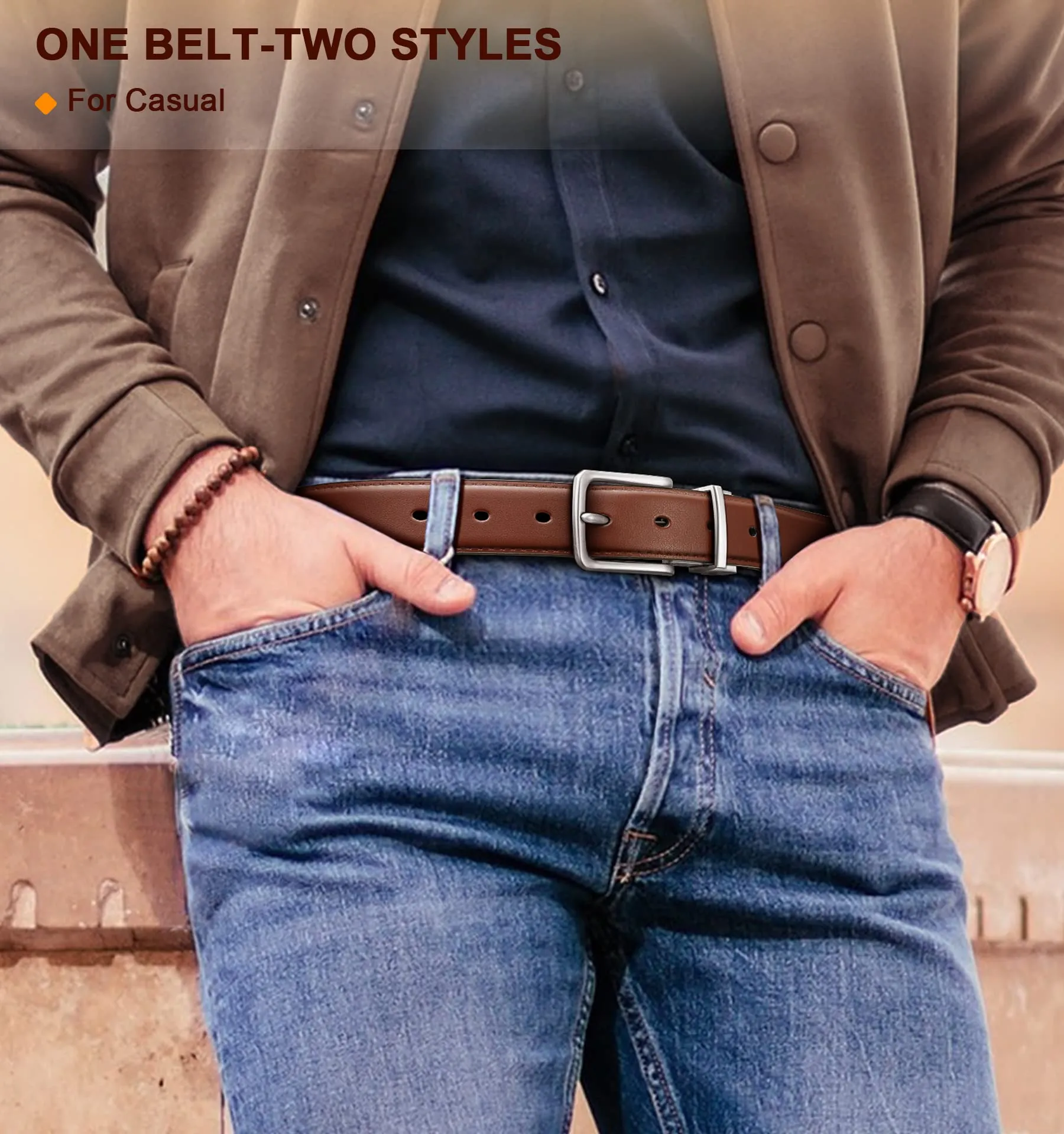 BULLIANT Men's Belt,Reversible Belt 1.25" For Gift Mens Casual Golf Dress pants shirts,One Reverse For 2 Sides(Black/Light Brown,38"-40" Waist Adjustable)