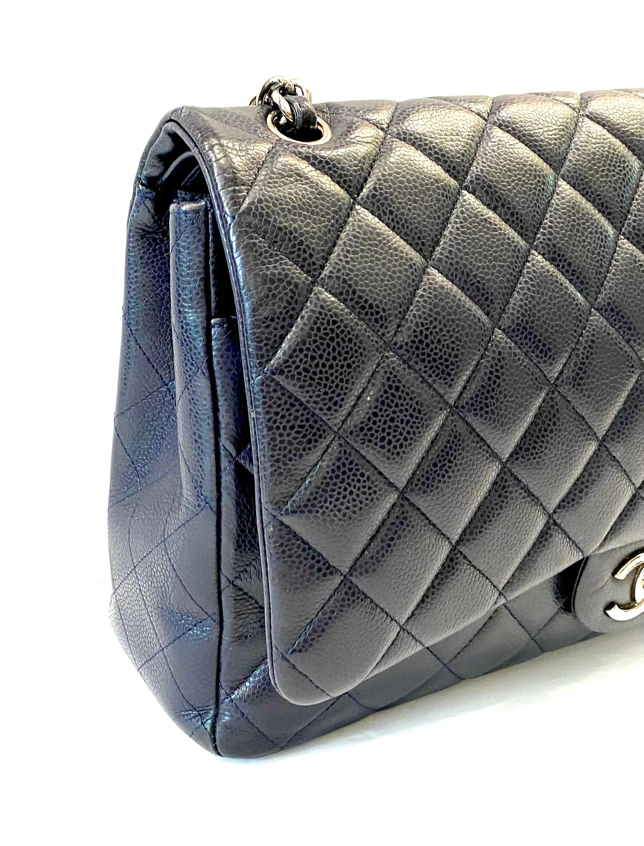 CHANEL CAVIAR QUILTED MAXI DOUBLE FLAP BAG IN NAVY