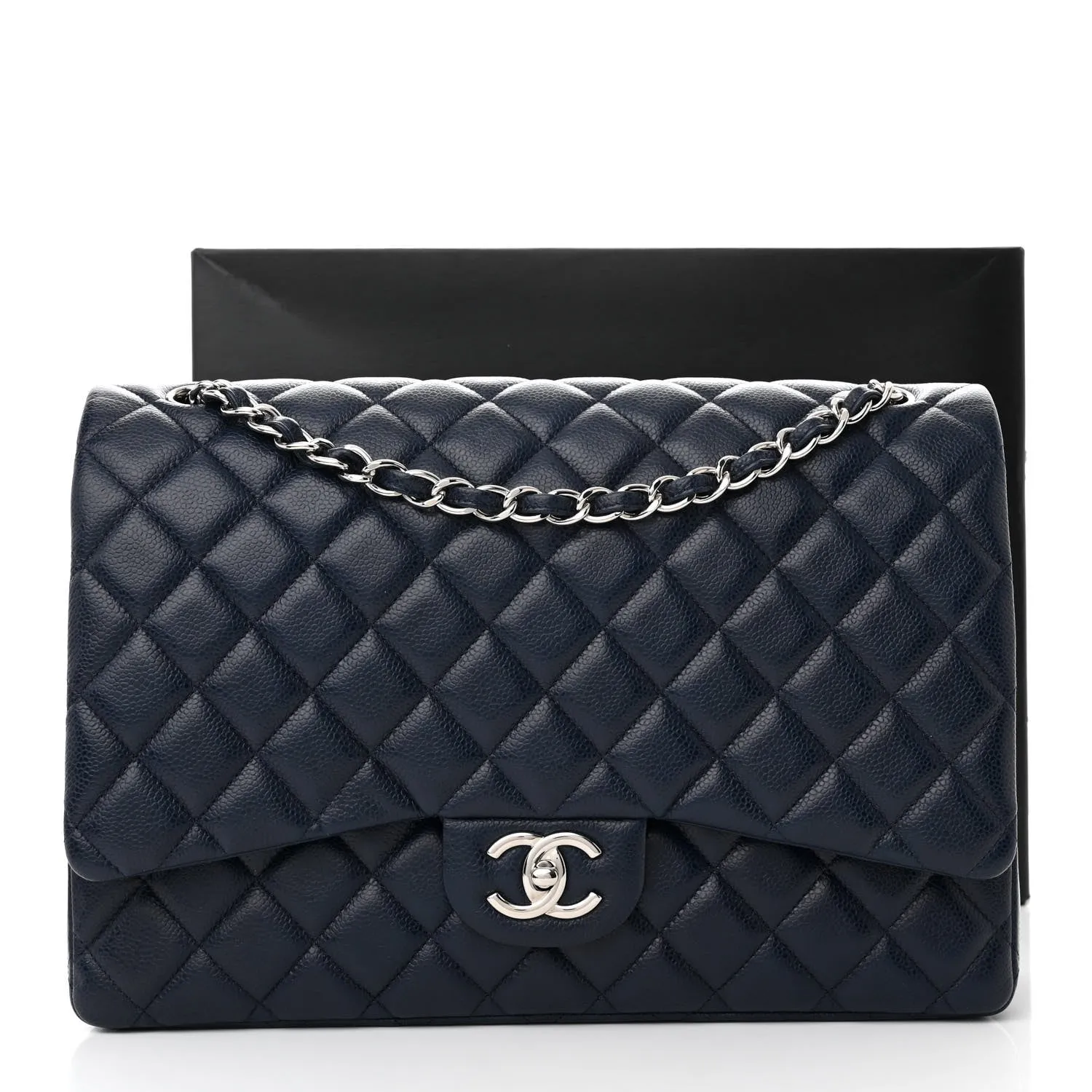CHANEL CAVIAR QUILTED MAXI DOUBLE FLAP BAG IN NAVY