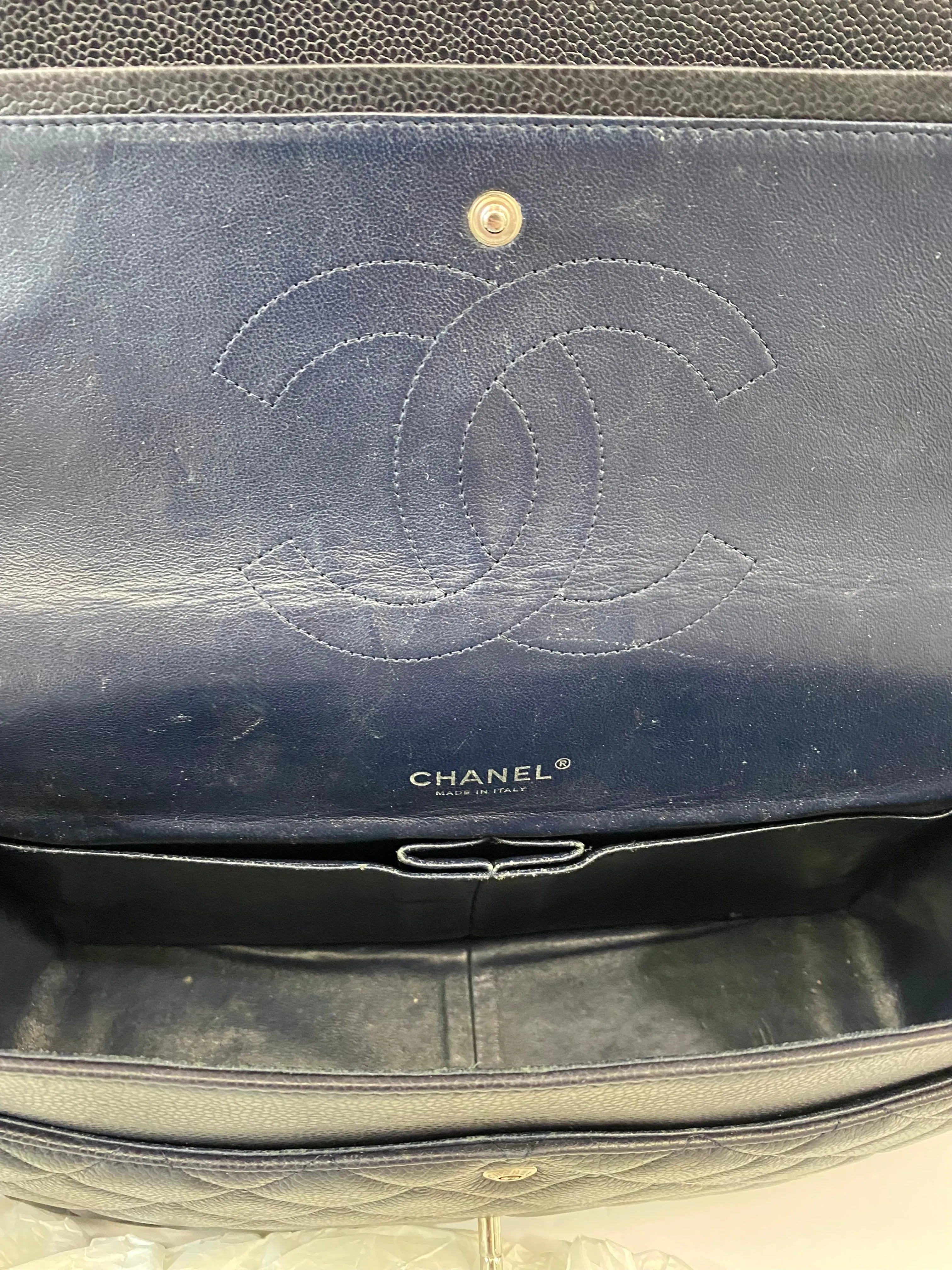 CHANEL CAVIAR QUILTED MAXI DOUBLE FLAP BAG IN NAVY