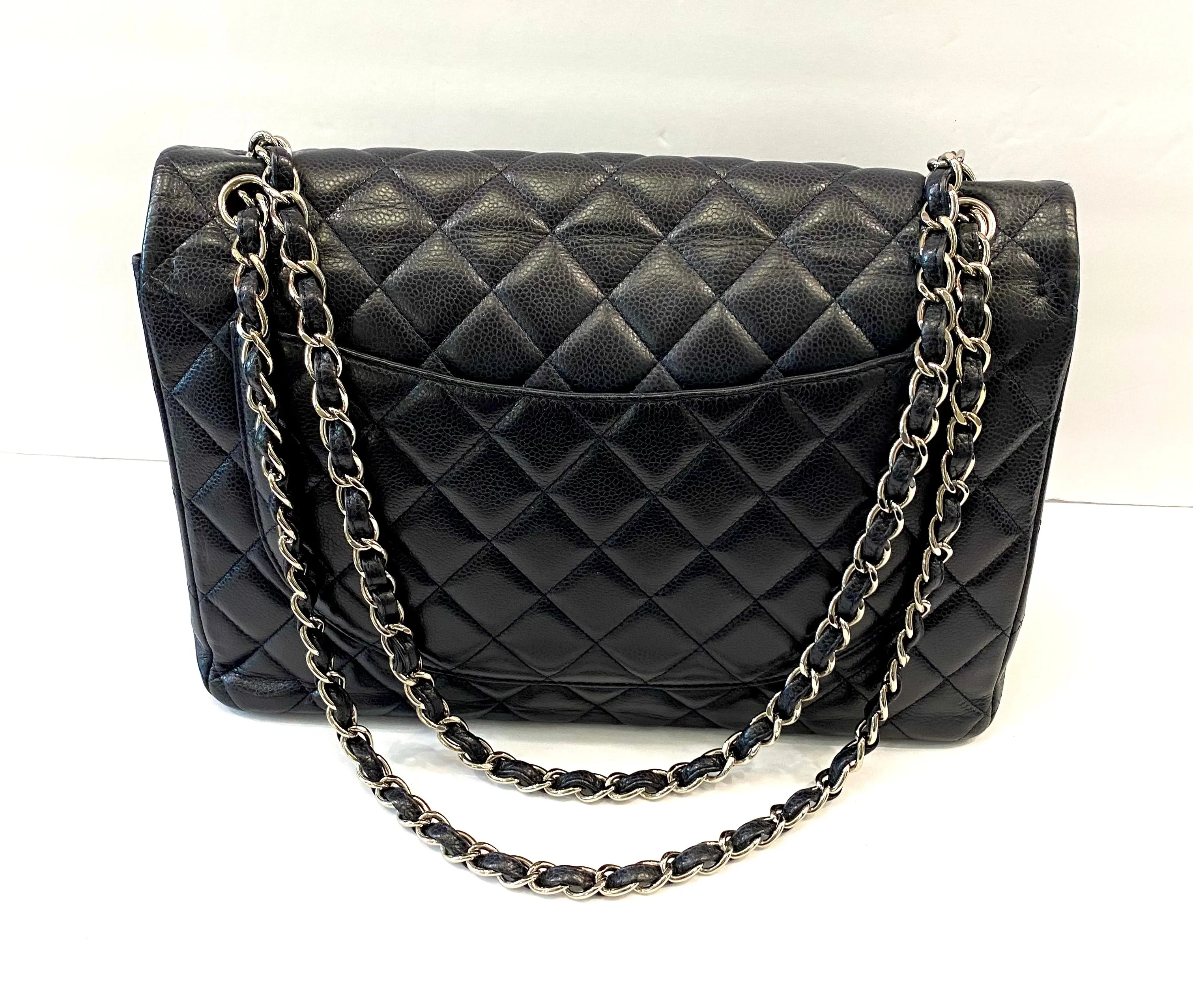 CHANEL CAVIAR QUILTED MAXI DOUBLE FLAP BAG IN NAVY