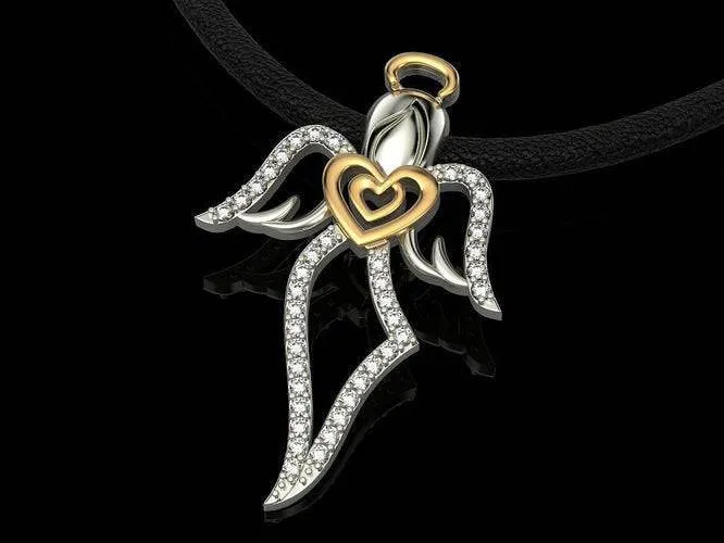 Charmeine Angel Pendant *Moissanite With 10k/14k/18k White, Yellow, Rose, Green Gold, Gold Plated & Silver* Heart Wings Christ Charm Gift