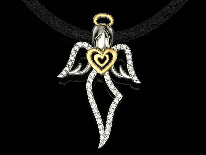 Charmeine Angel Pendant *Moissanite With 10k/14k/18k White, Yellow, Rose, Green Gold, Gold Plated & Silver* Heart Wings Christ Charm Gift