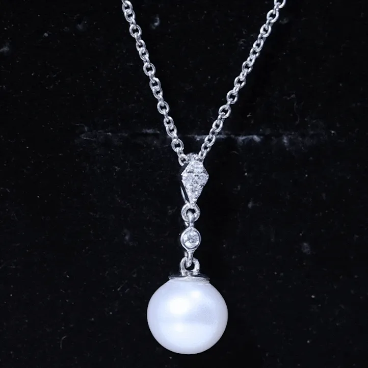 Cultured White Pearl Drop Pendant with Diamond