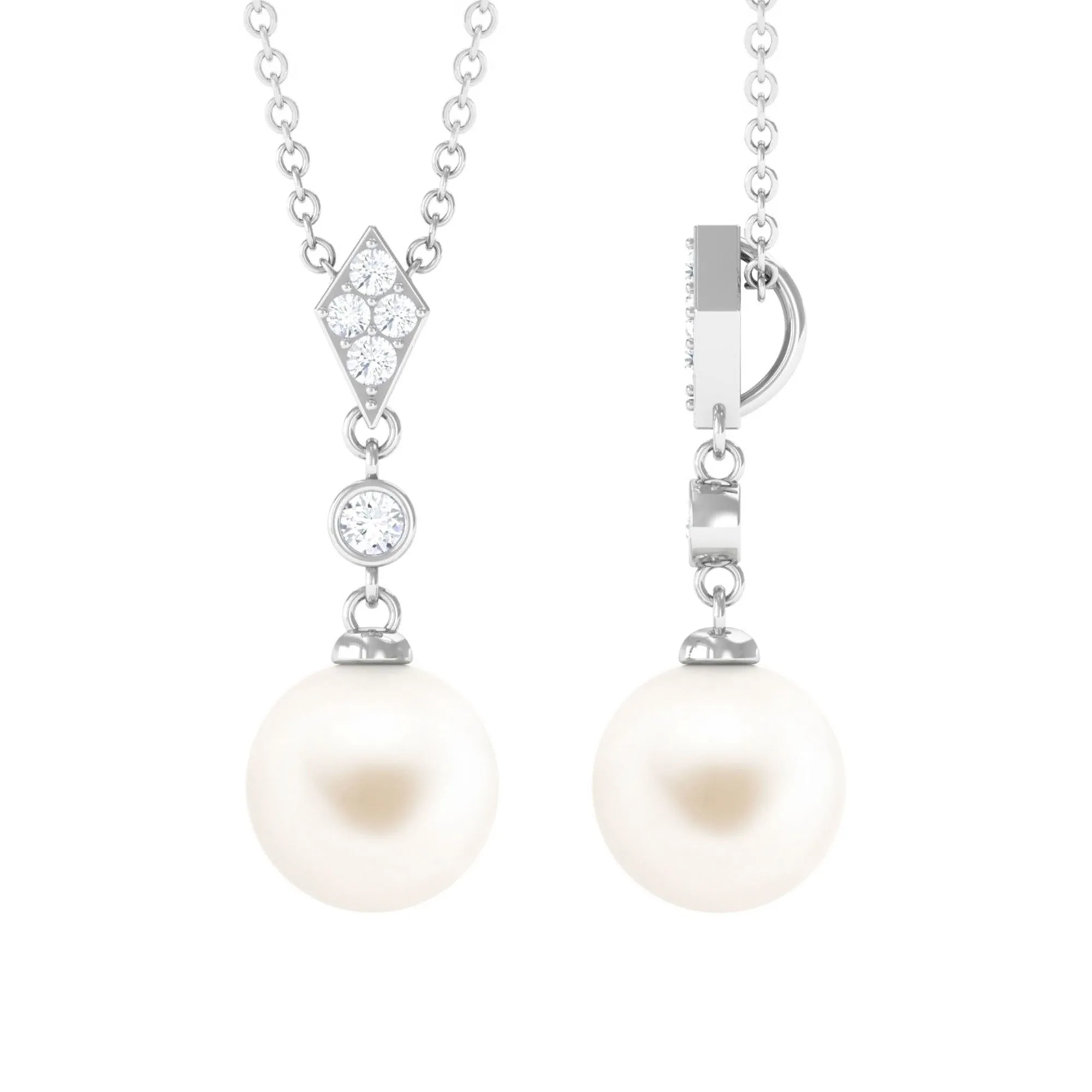 Cultured White Pearl Drop Pendant with Diamond