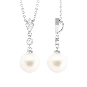 Cultured White Pearl Drop Pendant with Diamond