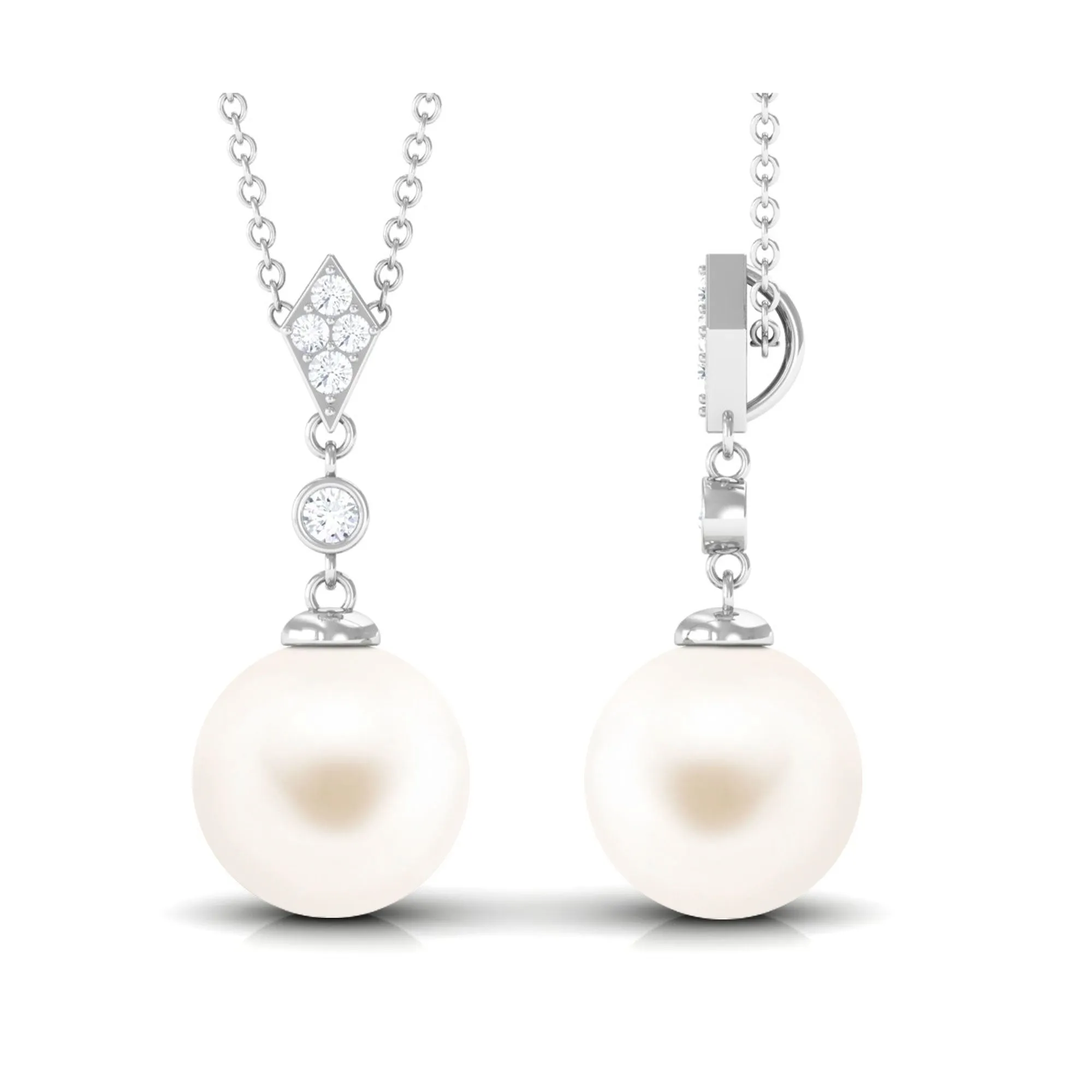 Cultured White Pearl Drop Pendant with Diamond