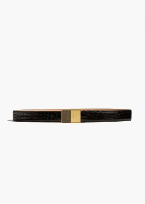 Elio Belt in Black Croc-Embossed Leather with Antique Gold