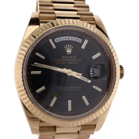 Estate Rolex 18 Karat Yellow Gold Gents Oyster Perpetual 40mm Day-Date Black Dial Fluted Bezel President Bracelet 228238 with Box C.2011 