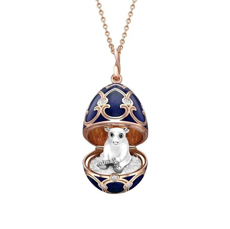 Faberge Heritage Rose Gold Dark Blue Locket with Polar Bear Surprise