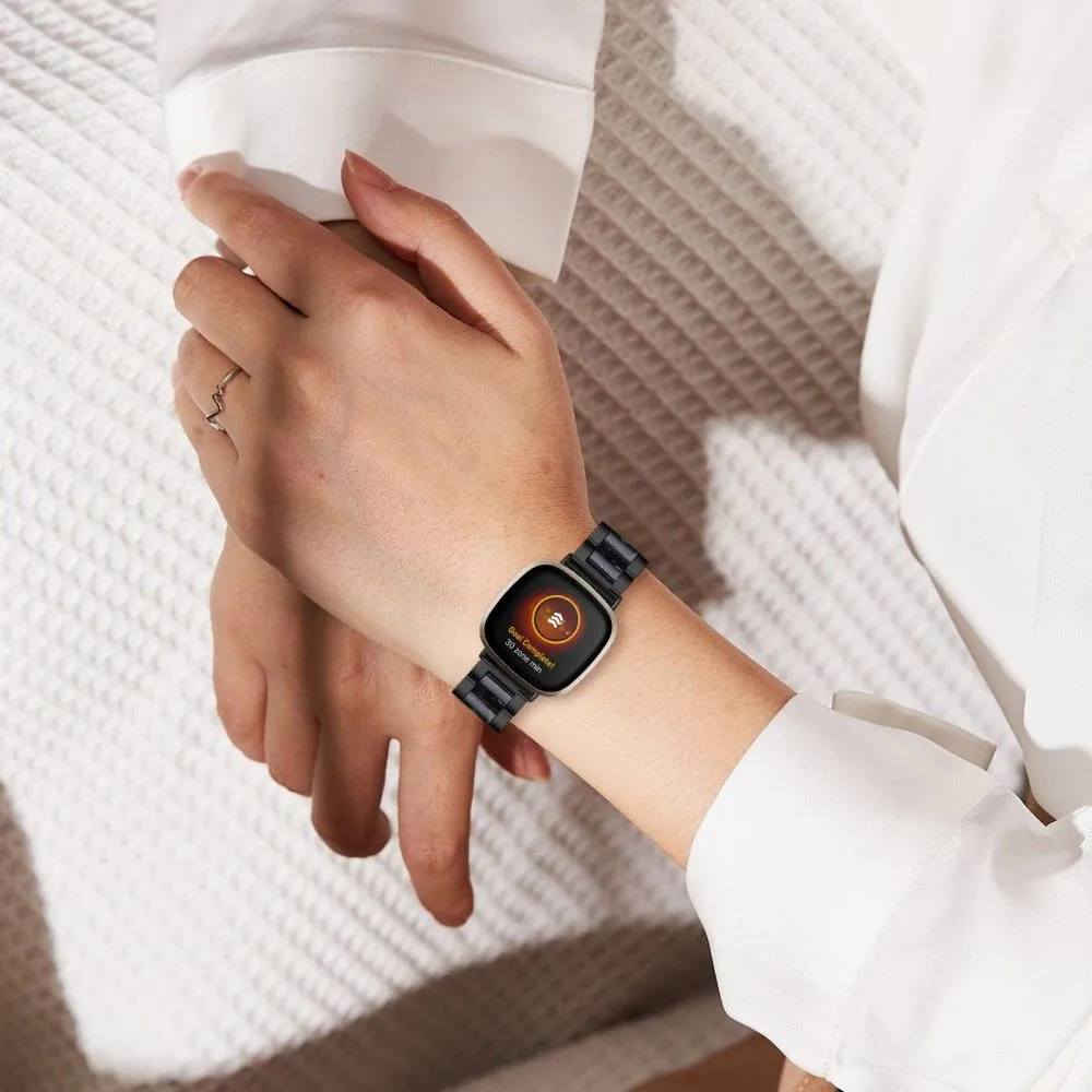Fitbit Sense / Versa 3 resin in stainless steel watch strap - Black / Black Flower Splicing