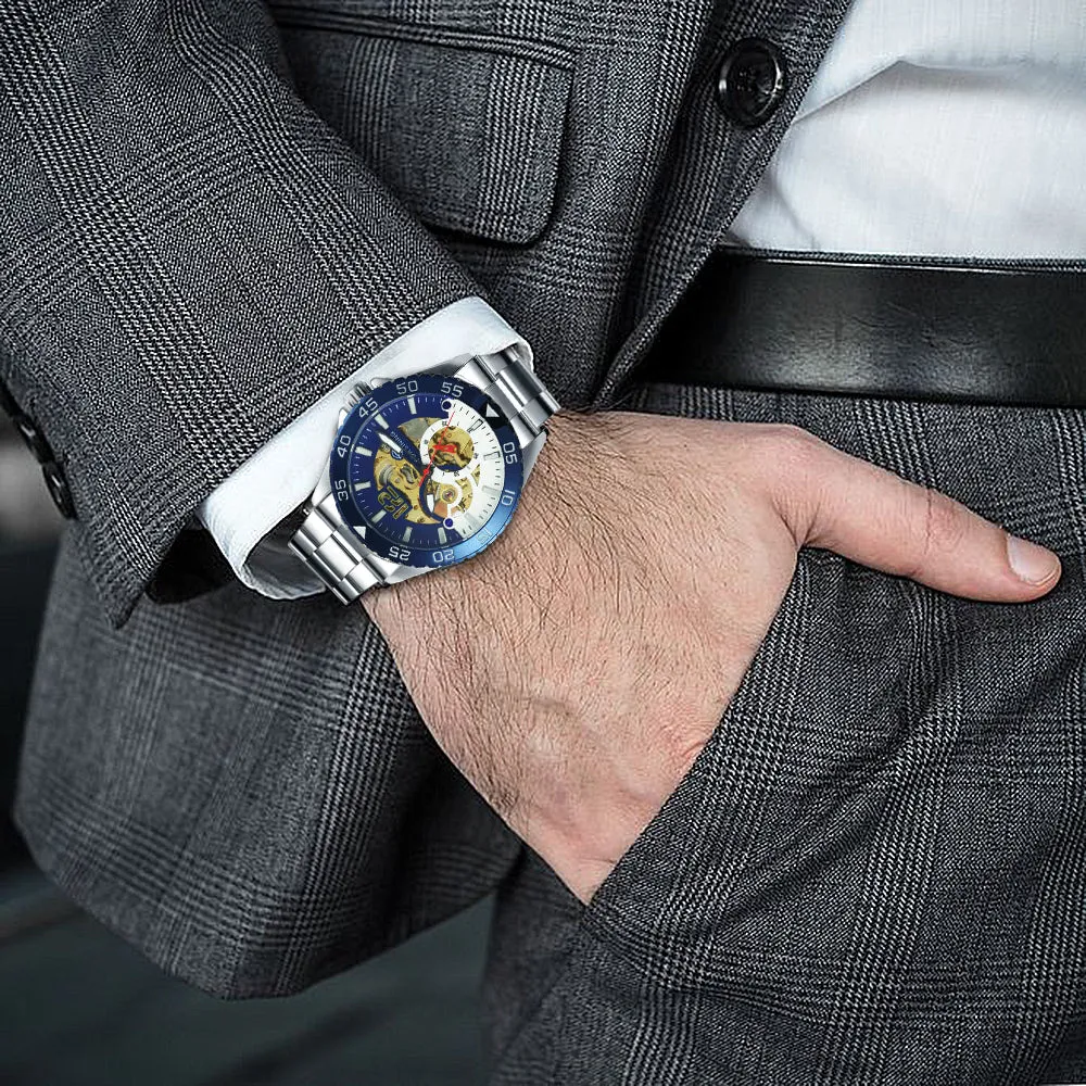 Forsining Silver Blue Sports Skeleton Automatic Mechanical Mens Watch TM 377G Luminous Hands Stainless Steel Strap Military Watches