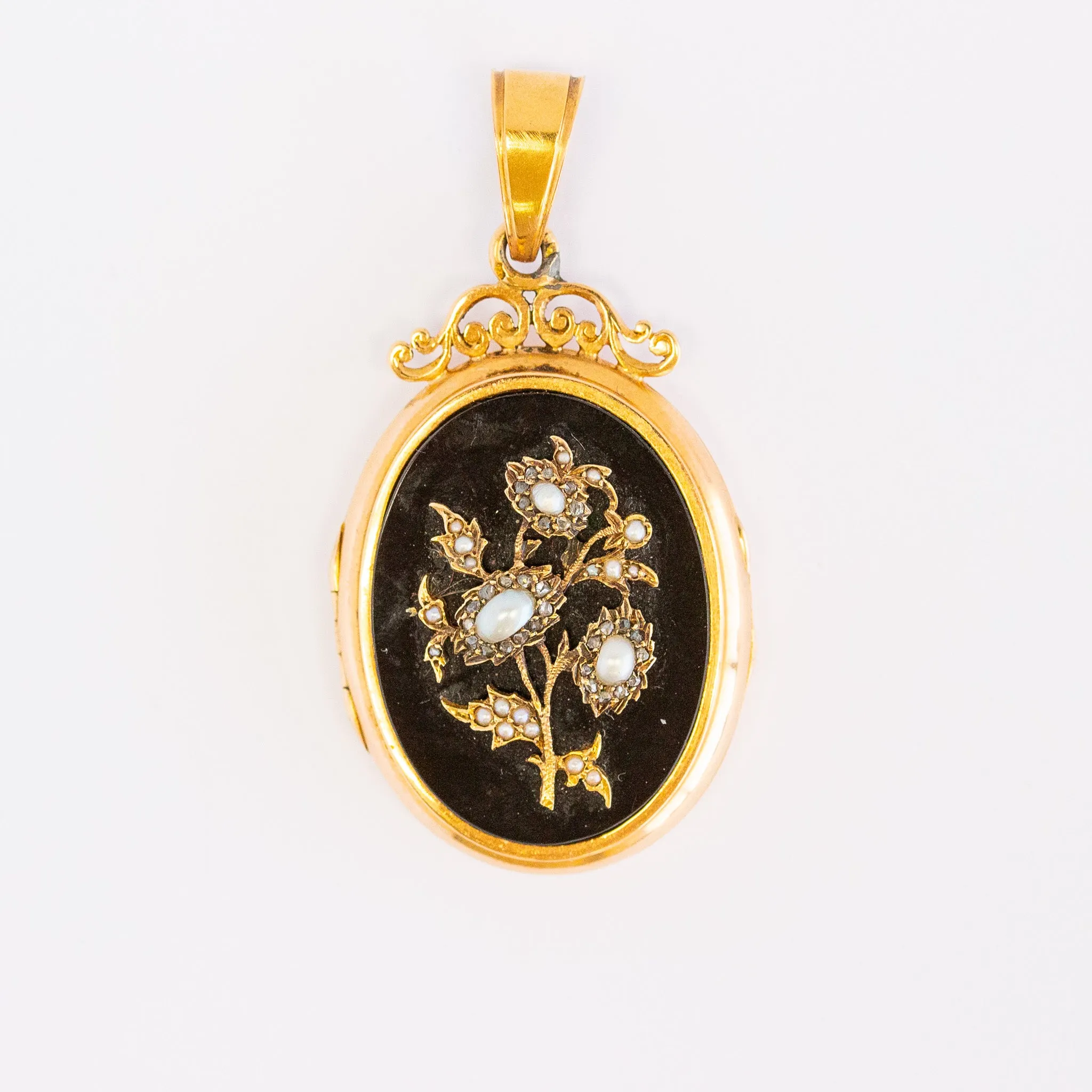 French Victorian Floral Locket with Black Onyx, Diamonds & Pearls, 18k