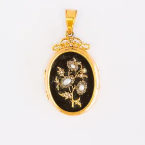 French Victorian Floral Locket with Black Onyx, Diamonds & Pearls, 18k