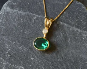 Gold Emerald Pendant - Green Oval Necklace, Green Emerald Pendant