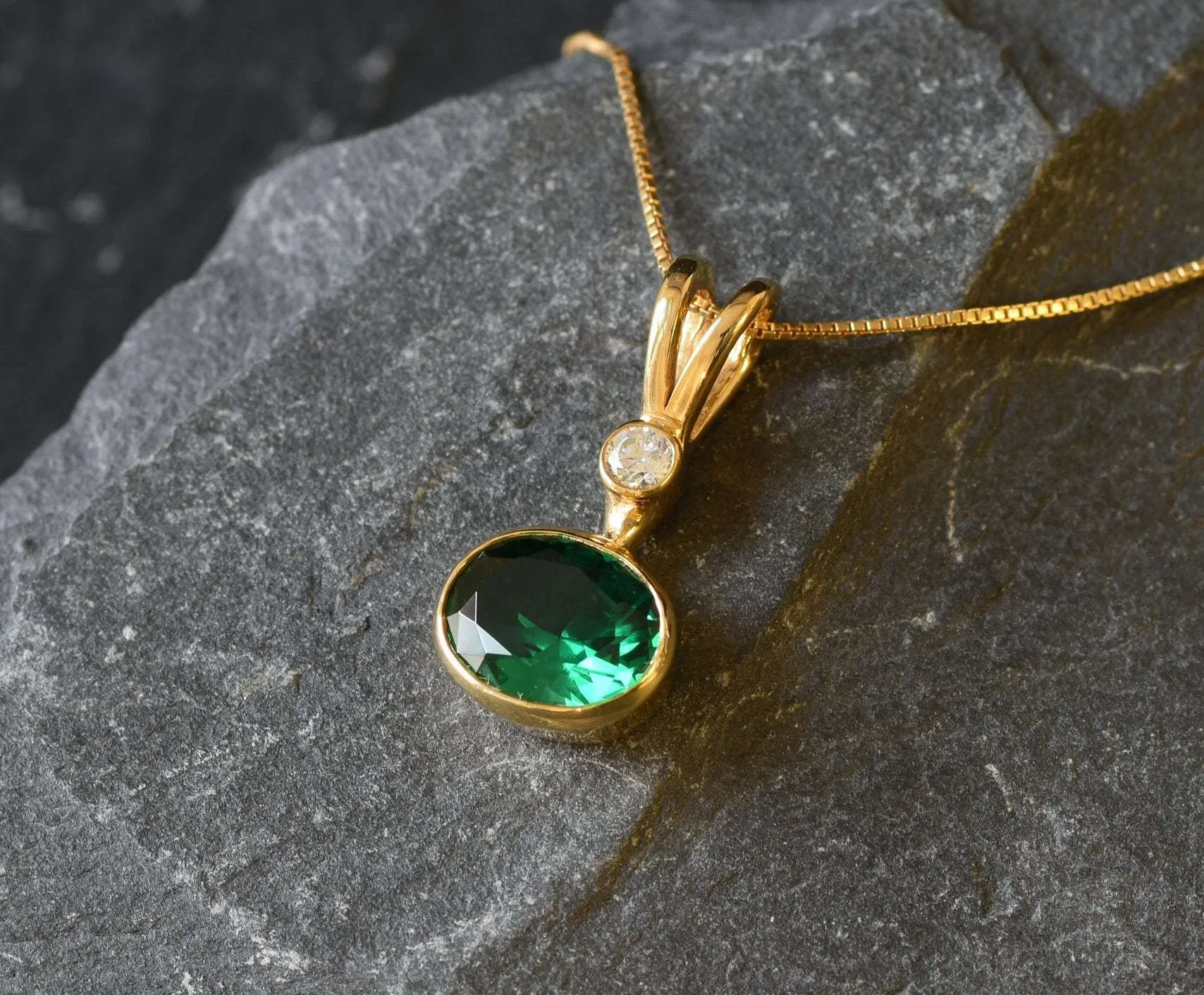 Gold Emerald Pendant - Green Oval Necklace, Green Emerald Pendant
