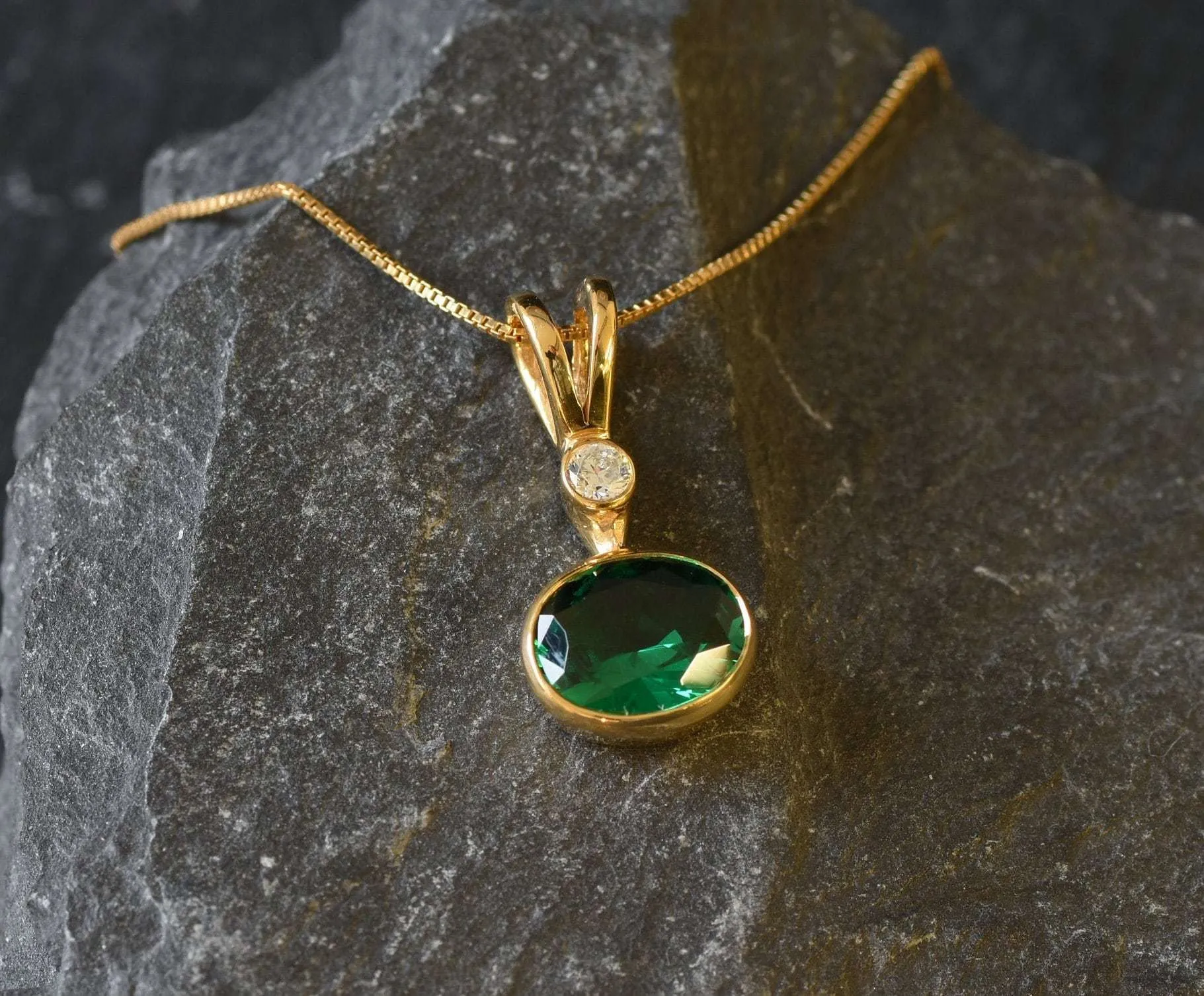 Gold Emerald Pendant - Green Oval Necklace, Green Emerald Pendant
