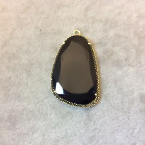 Gold Finish Faceted CZ Cubic Zirconia Rimmed Black Onyx Freeform Shaped Bezel Pendant Component - Measures 25mm x 38mm