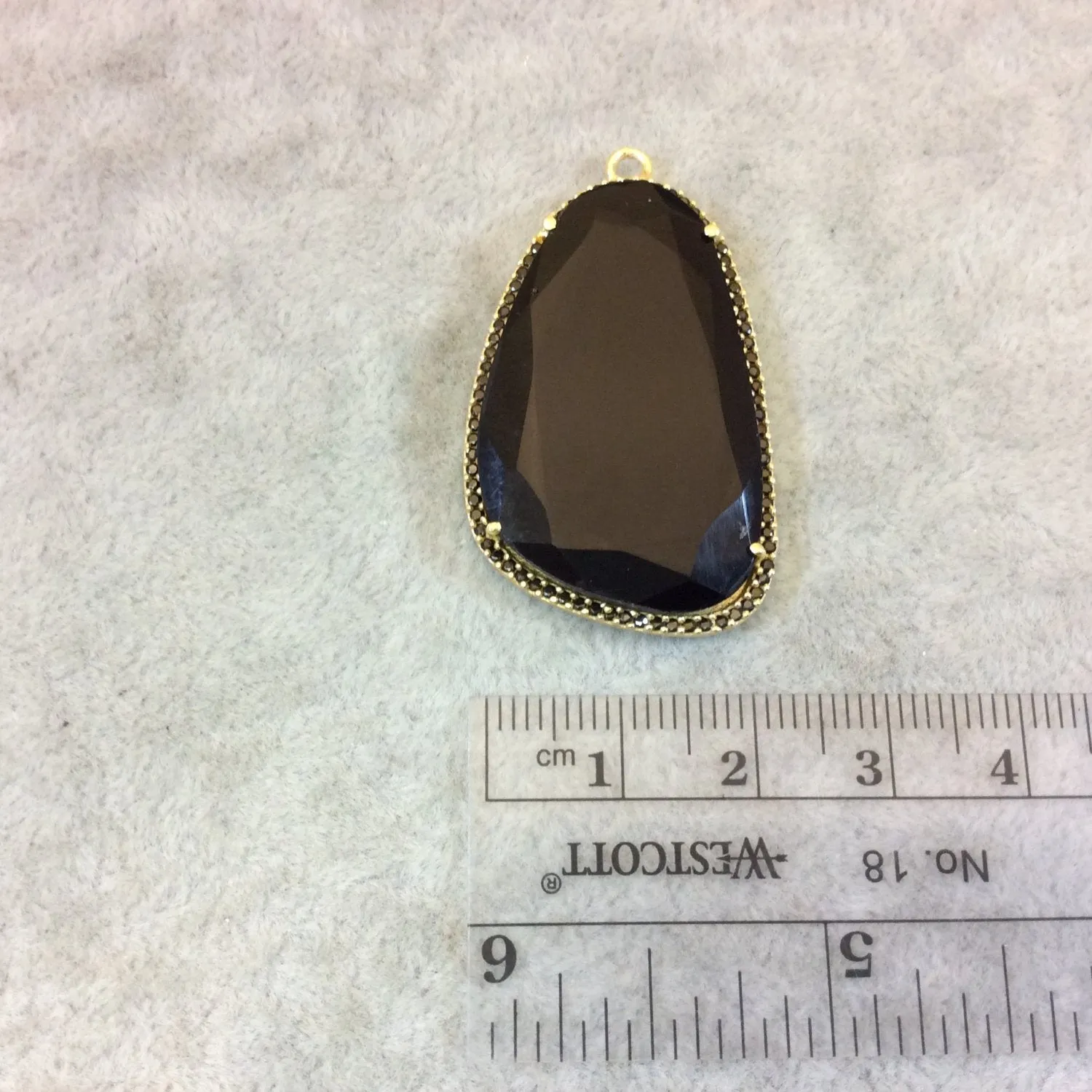 Gold Finish Faceted CZ Cubic Zirconia Rimmed Black Onyx Freeform Shaped Bezel Pendant Component - Measures 25mm x 38mm