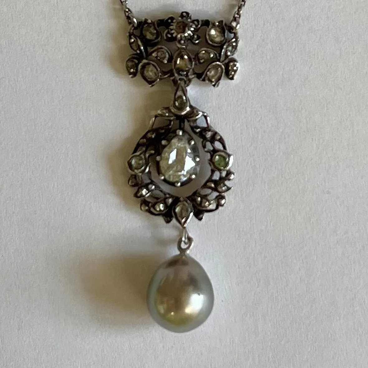Grey Tahitian Pearl & Pear-Cut Diamond Victorian Pendant