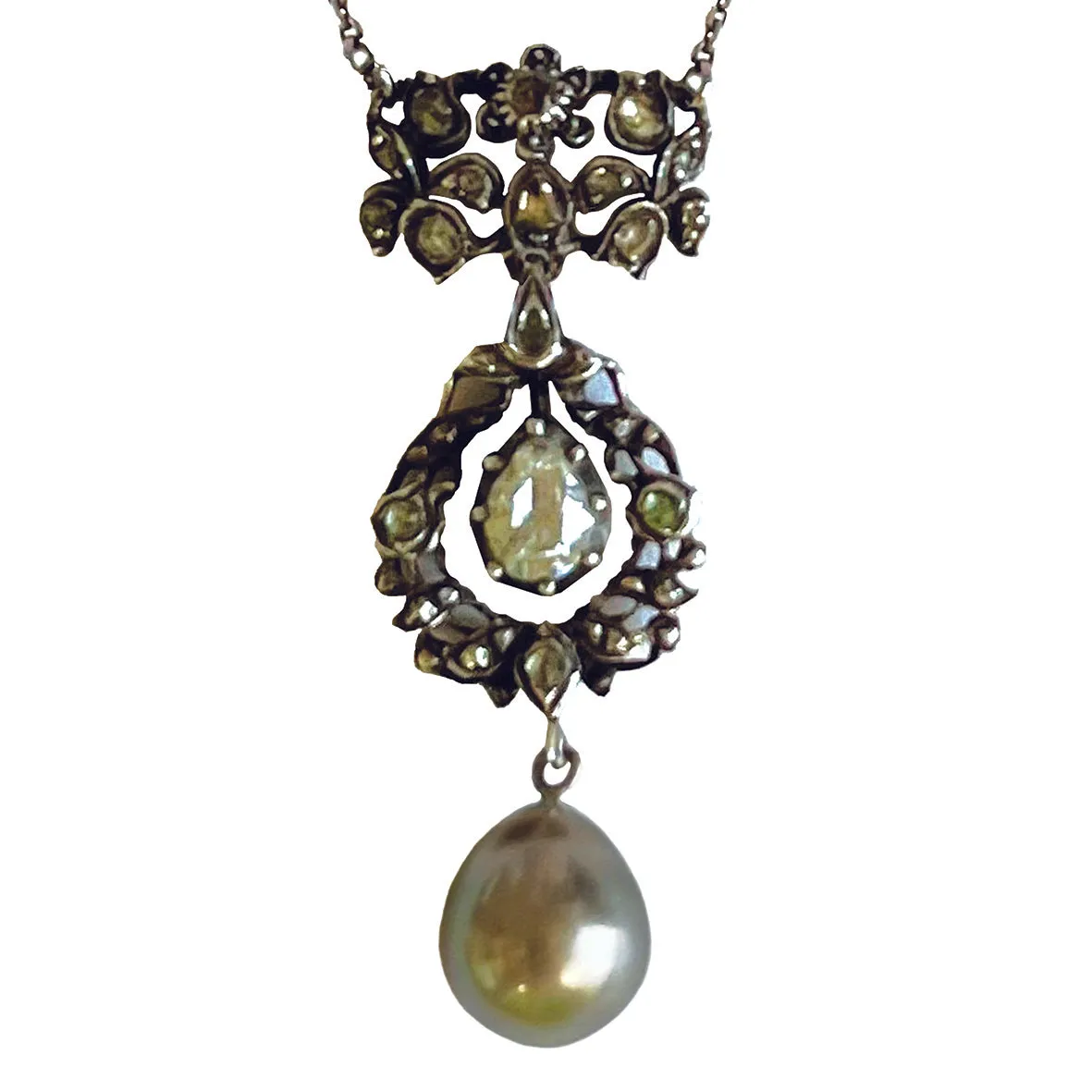 Grey Tahitian Pearl & Pear-Cut Diamond Victorian Pendant