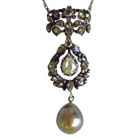 Grey Tahitian Pearl & Pear-Cut Diamond Victorian Pendant