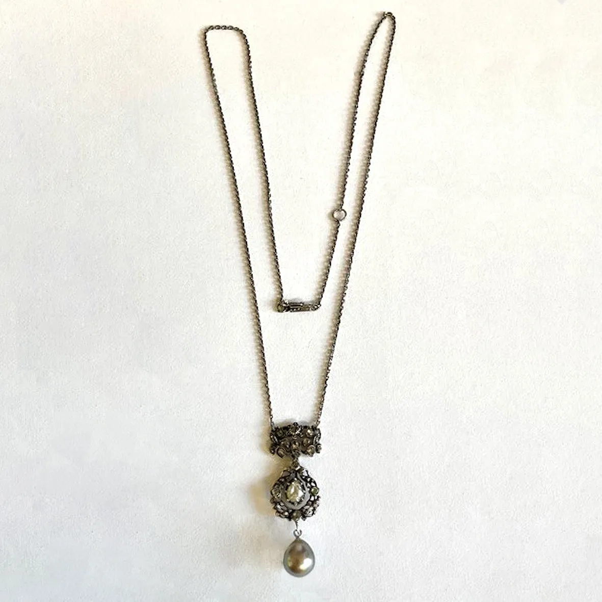 Grey Tahitian Pearl & Pear-Cut Diamond Victorian Pendant